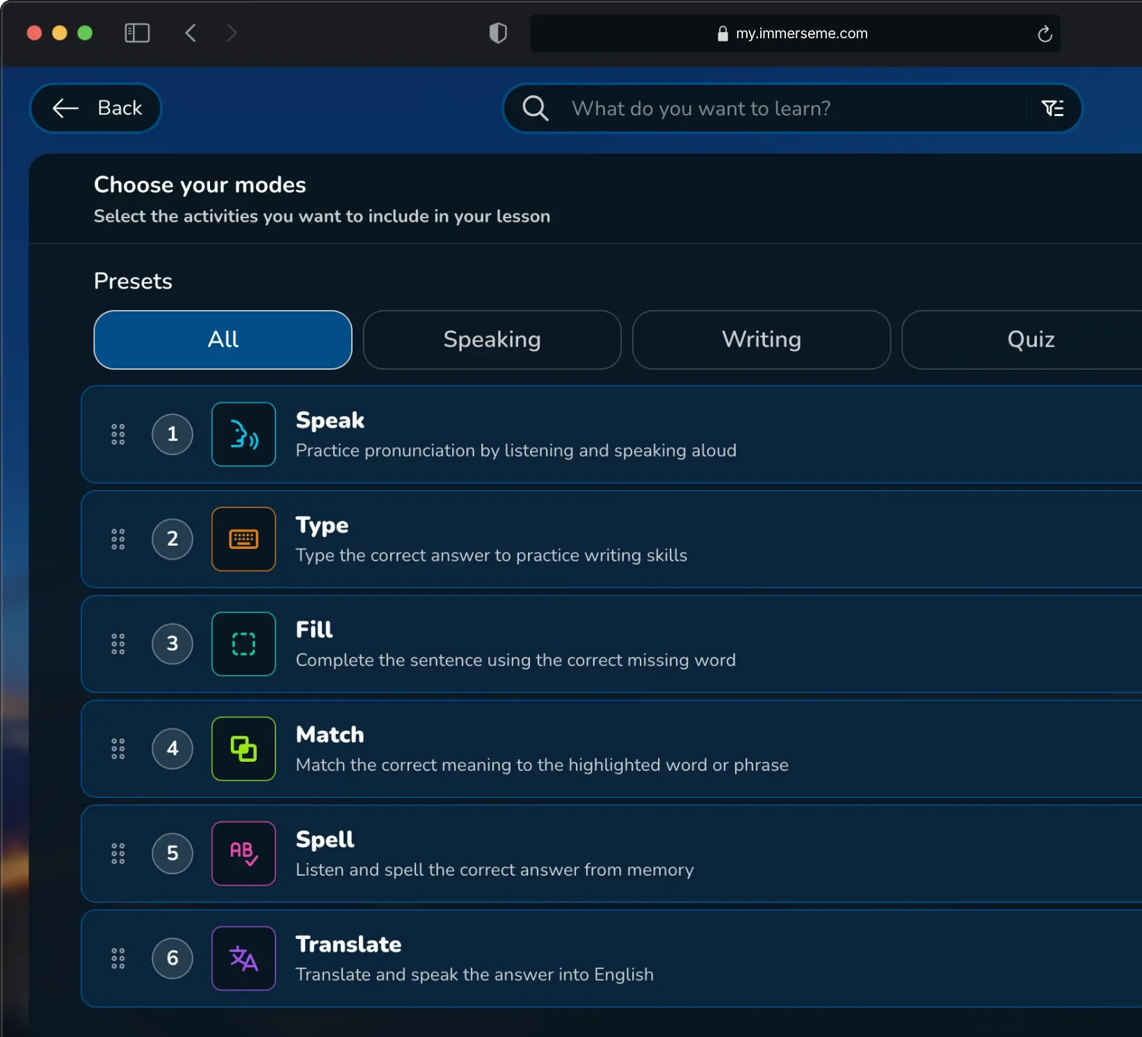 ImmerseMe learning modes including Speak, Type, Fill, Match, Spell and Translate