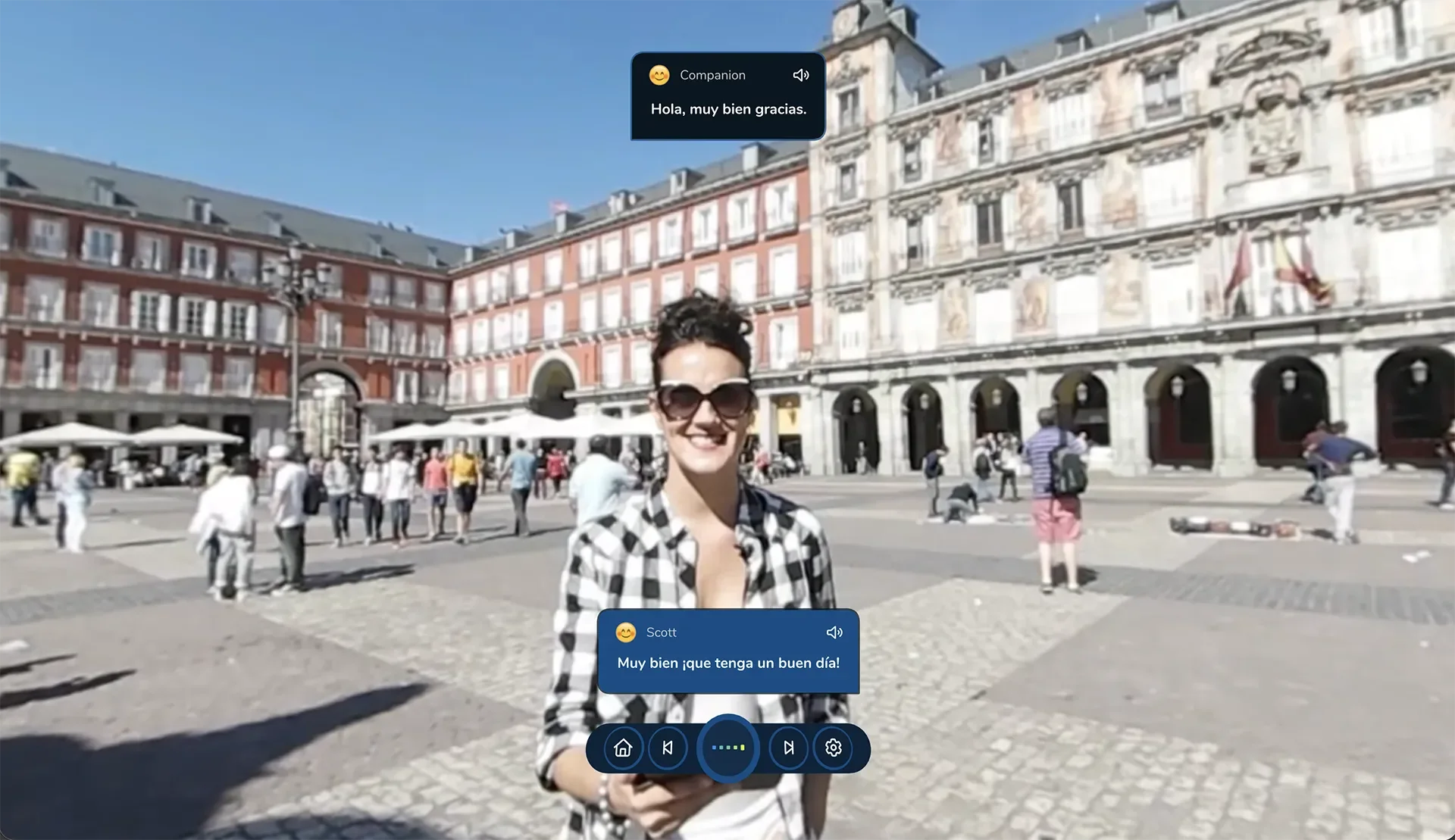 ImmerseMe Spanish lesson in Plaza Mayor, Madrid where learners practise everyday greetings and real conversations with a native Spanish speaker.