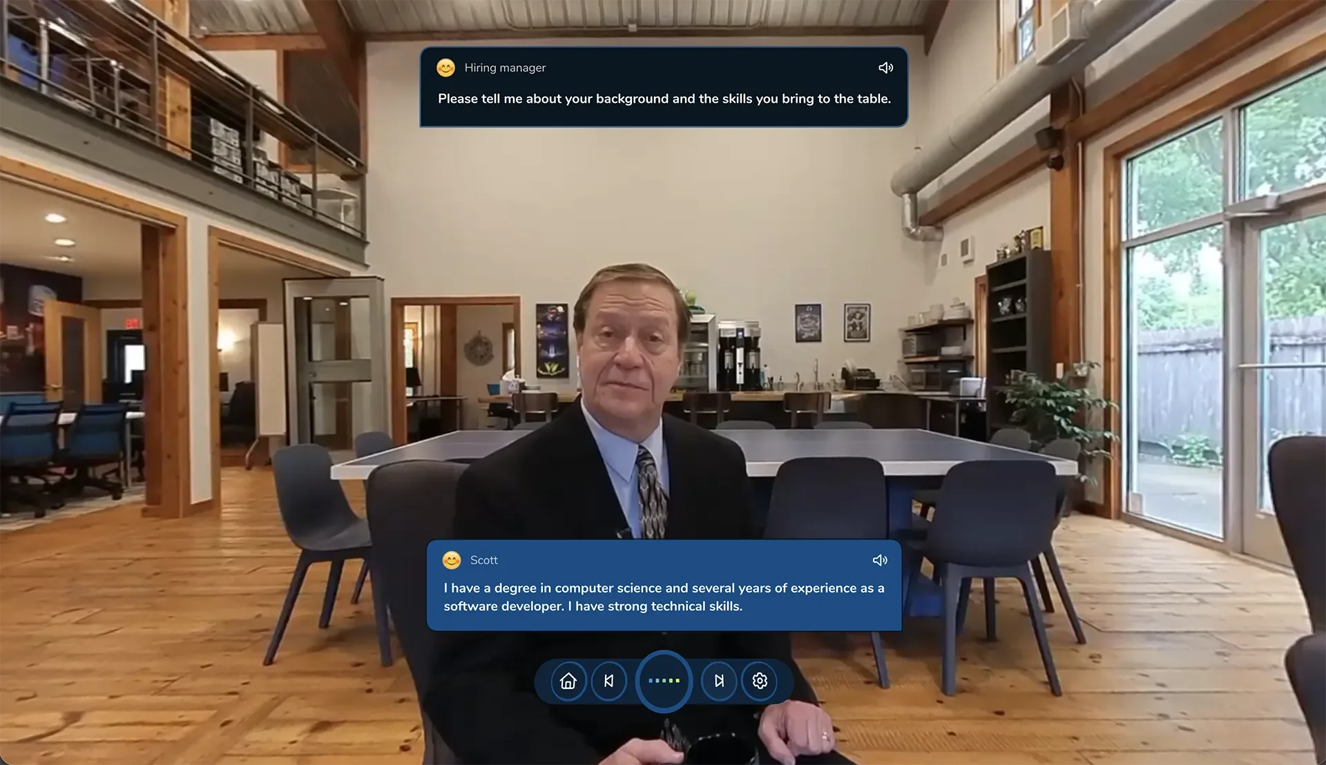 ImmerseMe English lesson in a job interview, where learners practise answering interview questions and speaking confidently in professional situations.