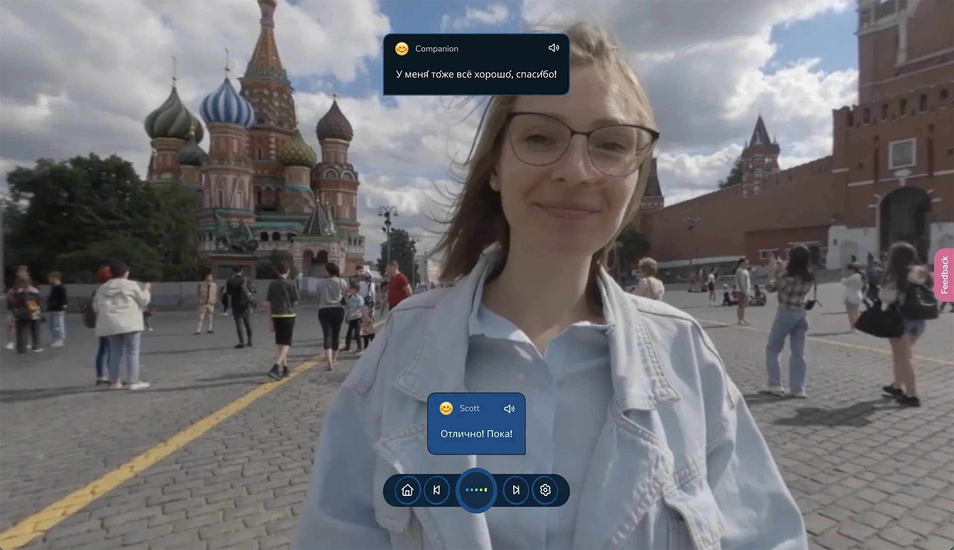 ImmerseMe Russian lesson in Moscow where learners practise basic greetings, introductions, and farewells with a local companion in a real-world setting.