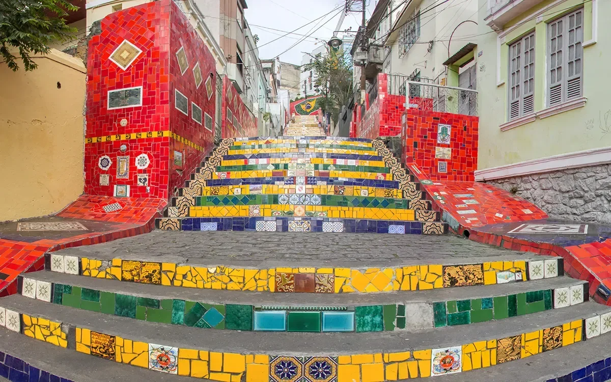 Panoramic view of Escadaria Selarón in Rio de Janeiro, Brazil, representing ImmerseMe's immersive Portuguese language learning experiences inspired by authentic Brazilian culture and real-world locations.