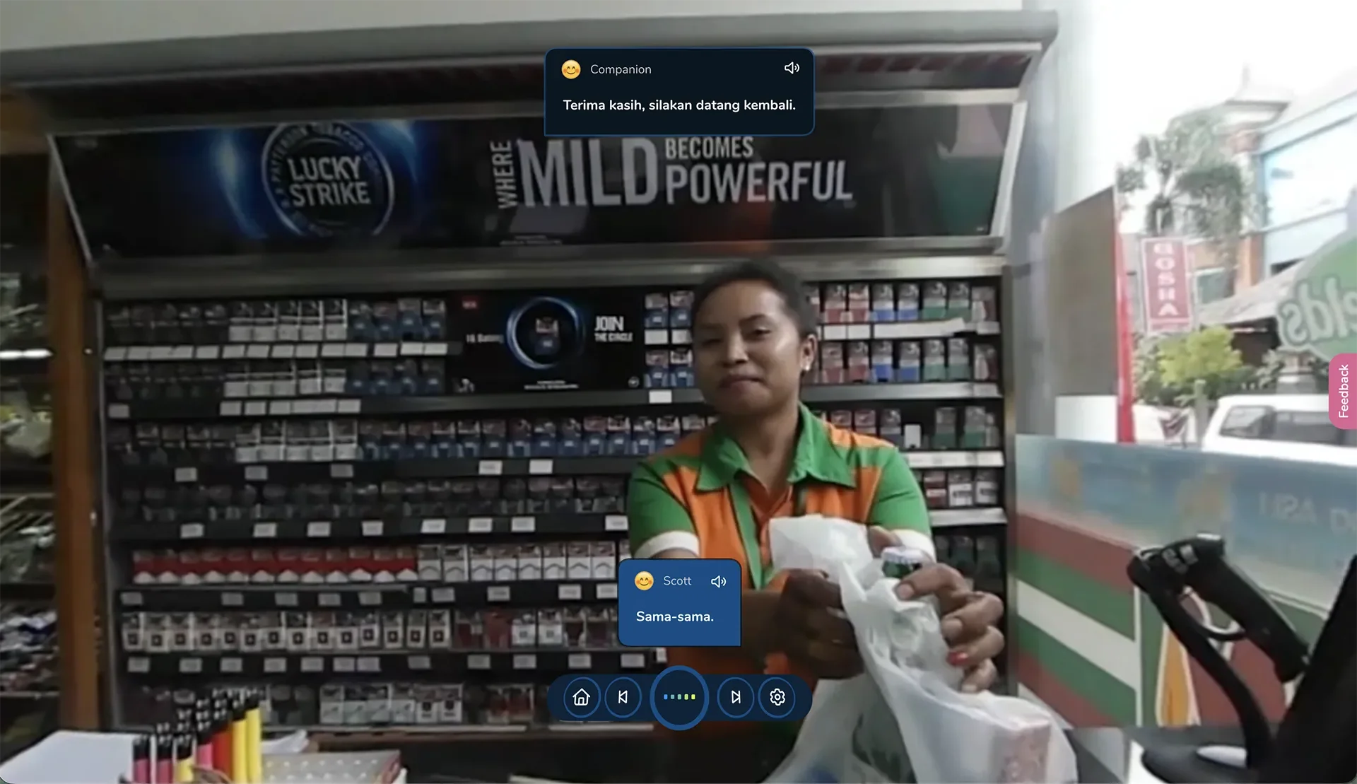 ImmerseMe Indonesian lesson in a Bali convenience store where learners practise buying everyday items and completing a purchase in Indonesian.
