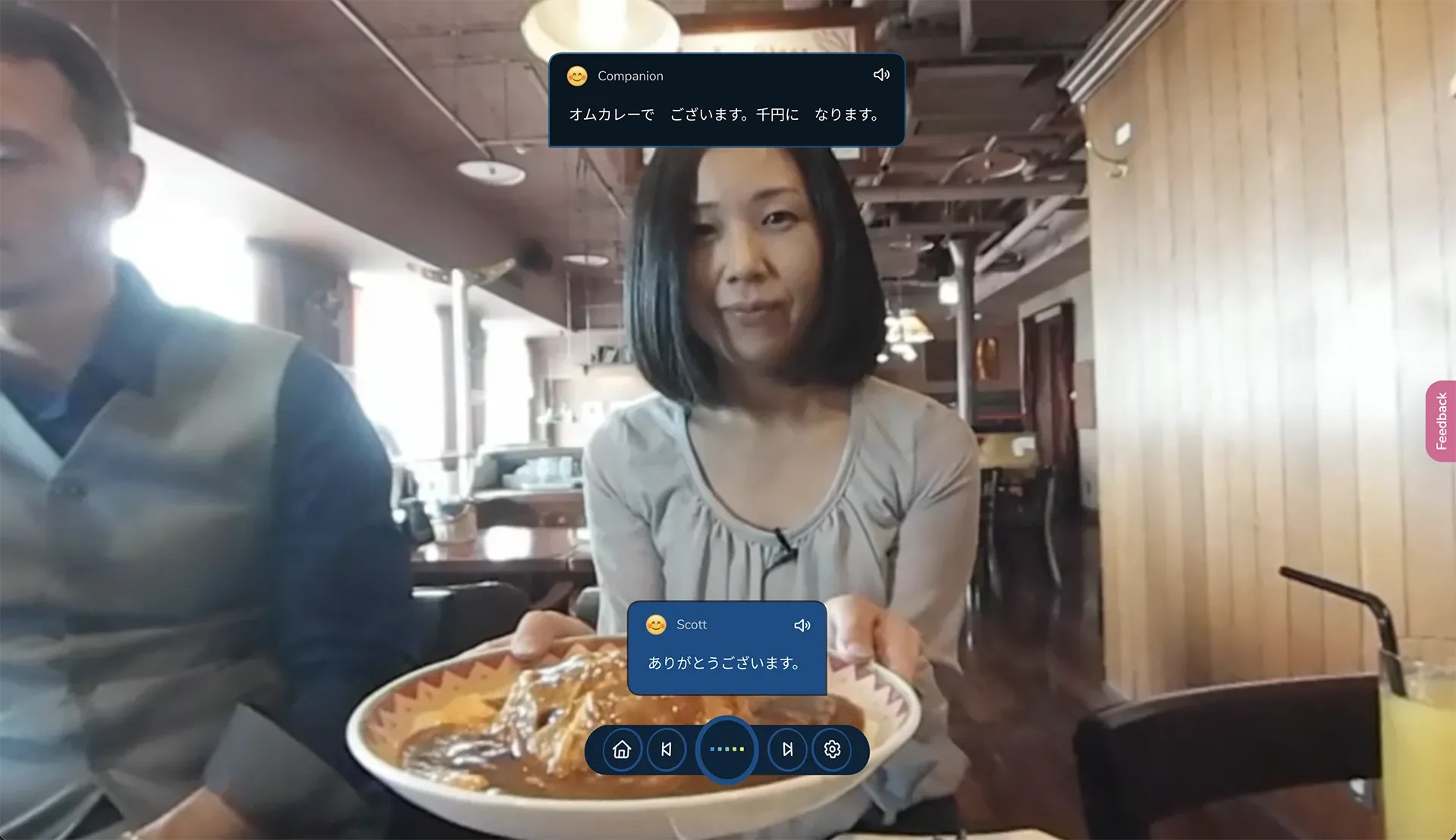 ImmerseMe Japanese lesson in a local restaurant where the learner orders lunch, receives a meal and practises authentic everyday Japanese conversation with a server.