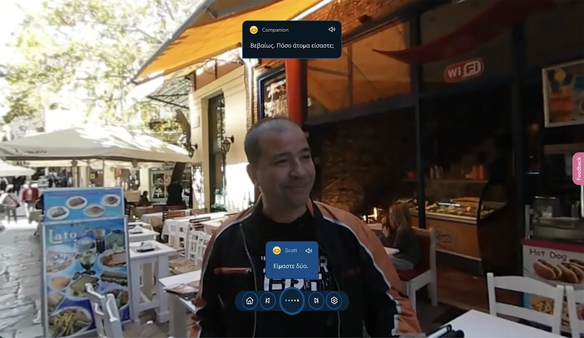 ImmerseMe Greek lesson at a restaurant in Athens where the learner practises arriving, asking for a table, and speaking naturally with restaurant staff in Greek.