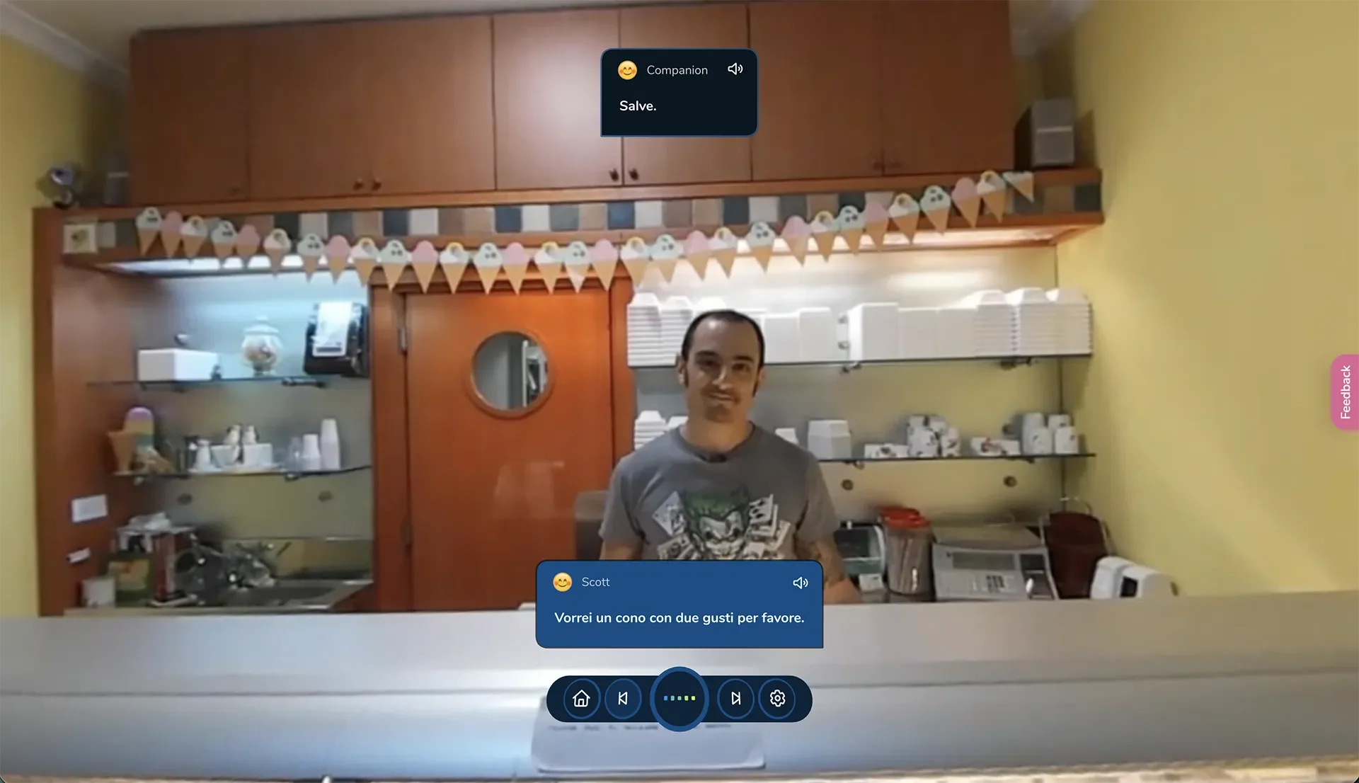 ImmerseMe Italian lesson at a traditional gelateria in Rome where the learner practises ordering gelato in Italian during a real-world conversation.