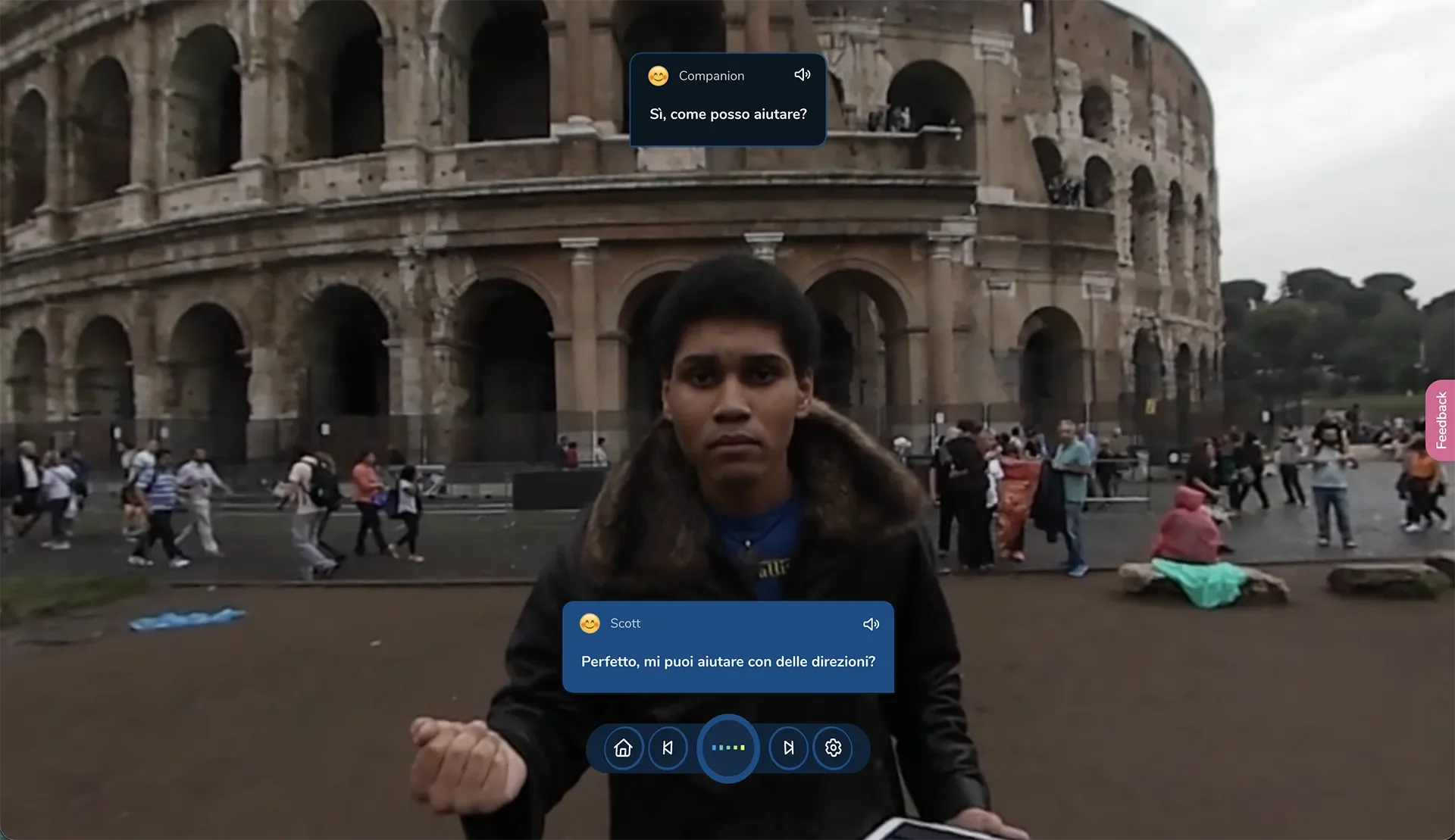 ImmerseMe Italian lesson near the Colosseum in Rome where the learner practises asking for directions in Italian during a real-world conversation.