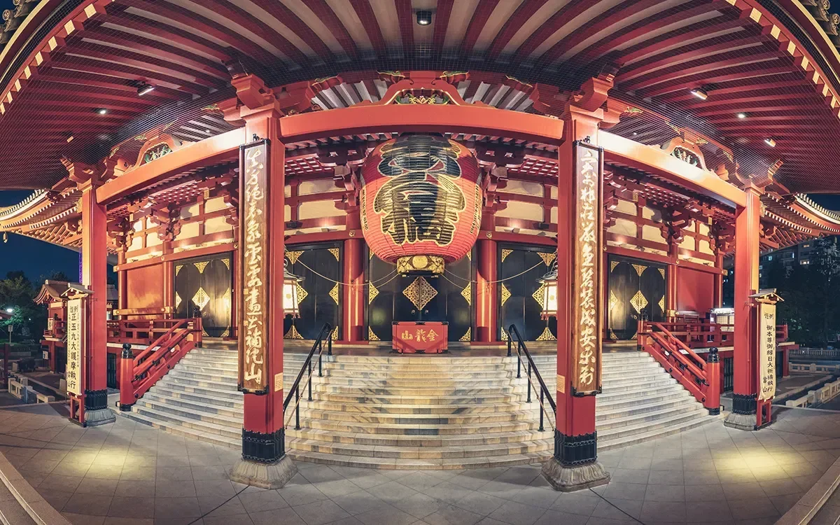 Panoramic evening view of Sensō-ji Temple in Tokyo, Japan, representing ImmerseMe's immersive Japanese language learning experiences inspired by authentic Japanese culture and real-world locations.