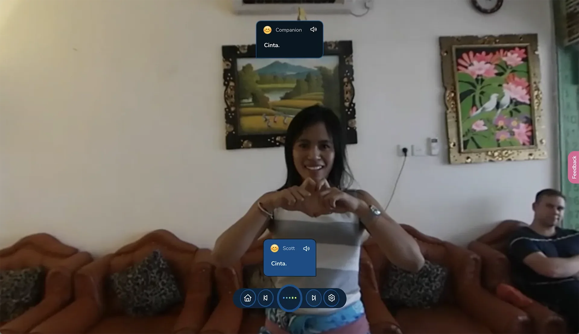 ImmerseMe Indonesian lesson in Bali where a local companion teaches basic Indonesian phrases through an interactive real-world conversation.