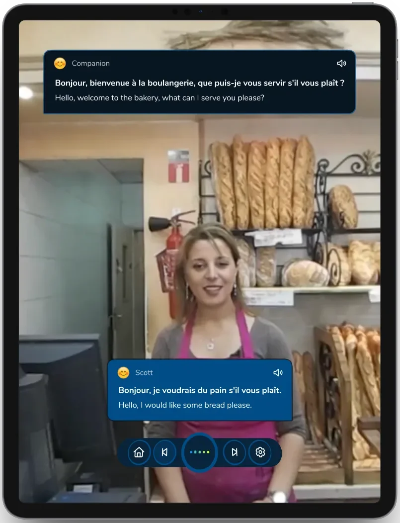 ImmerseMe French language lesson running on a tablet, providing immersive speaking practice and real-world conversation activities.