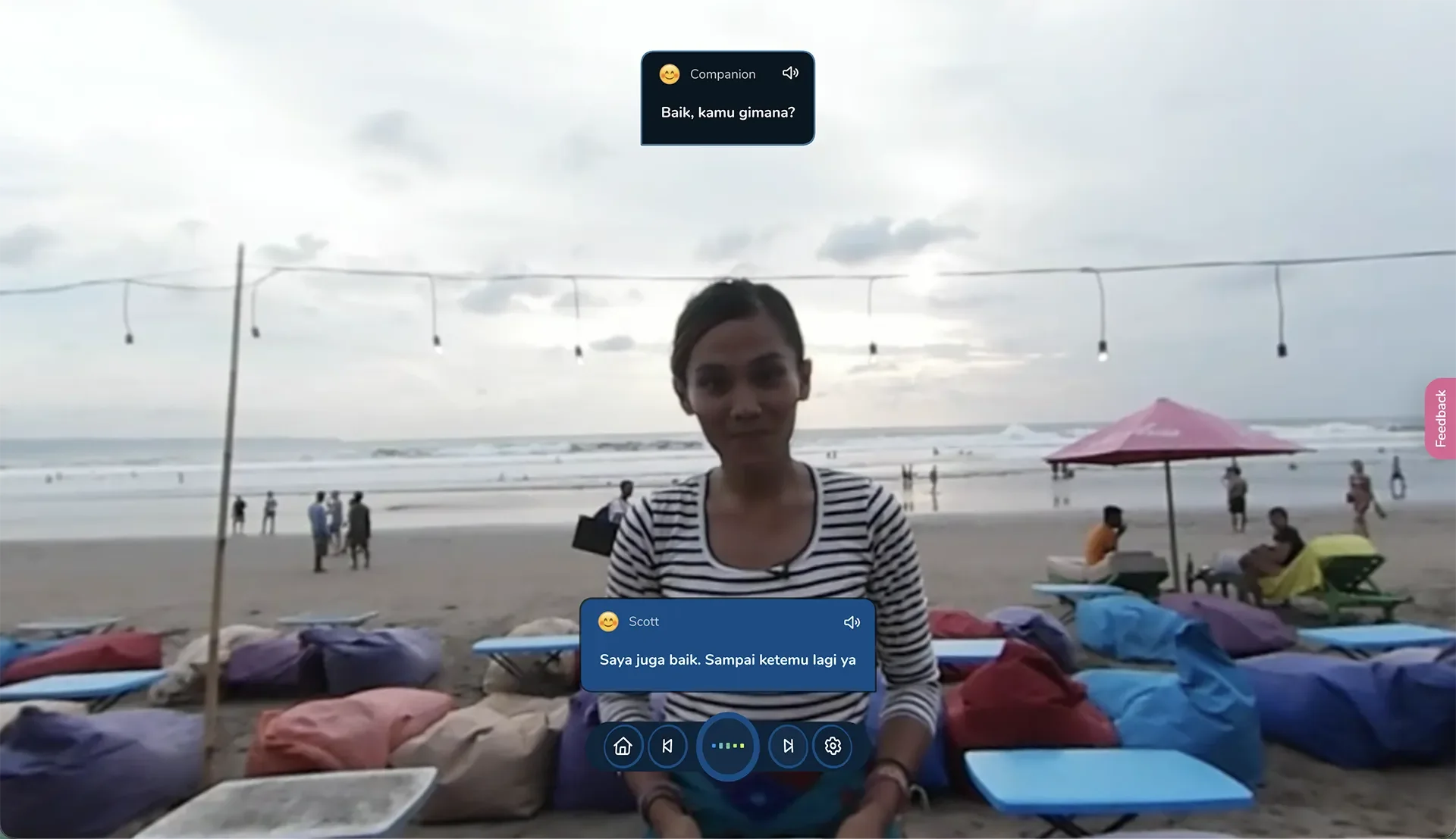 ImmerseMe Indonesian lesson on a Bali beach where learners practise everyday greetings and introductions in a relaxed real-world conversation.