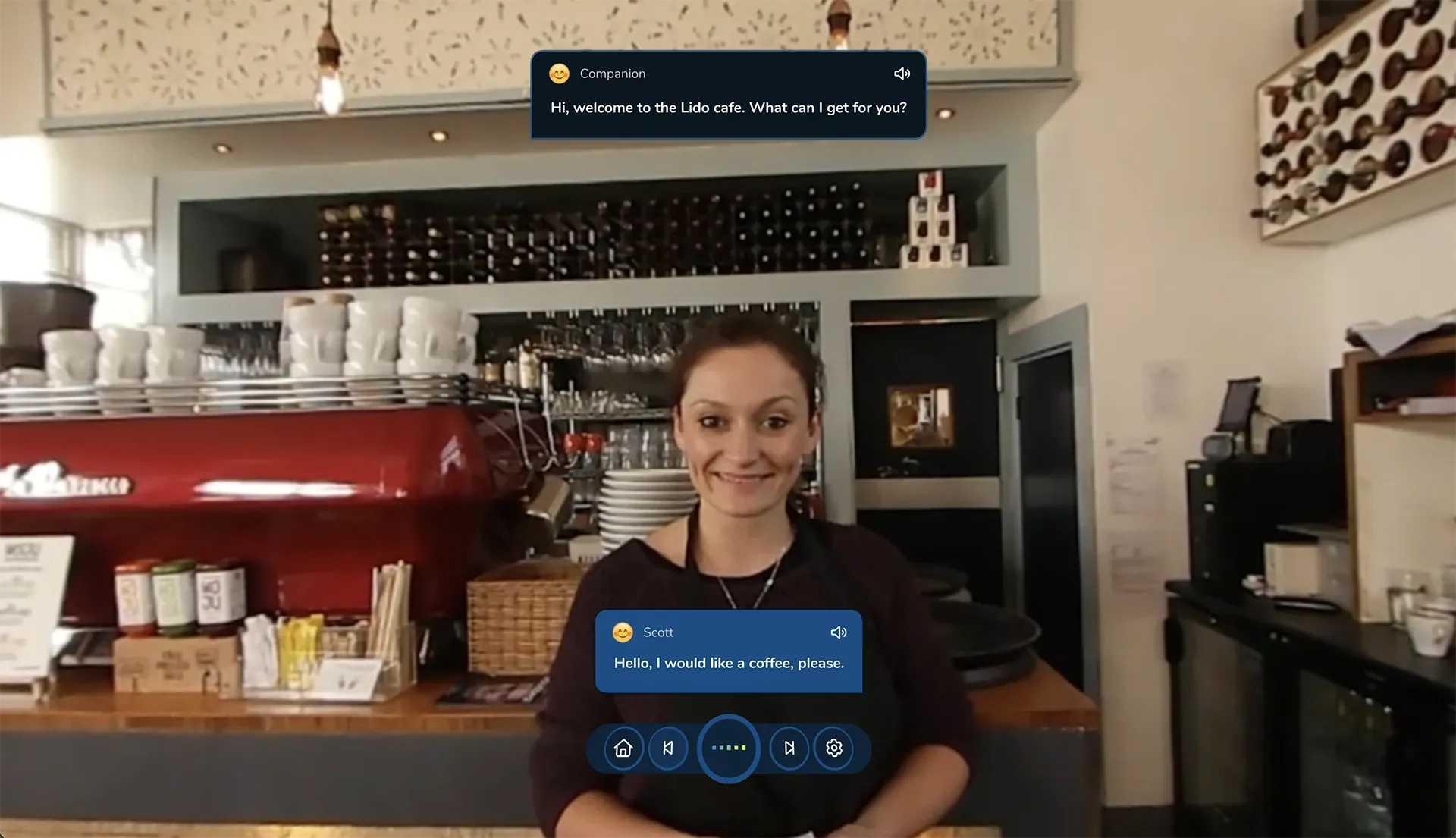 ImmerseMe English lesson in a café, where learners practise ordering coffee and speaking confidently in everyday conversations.