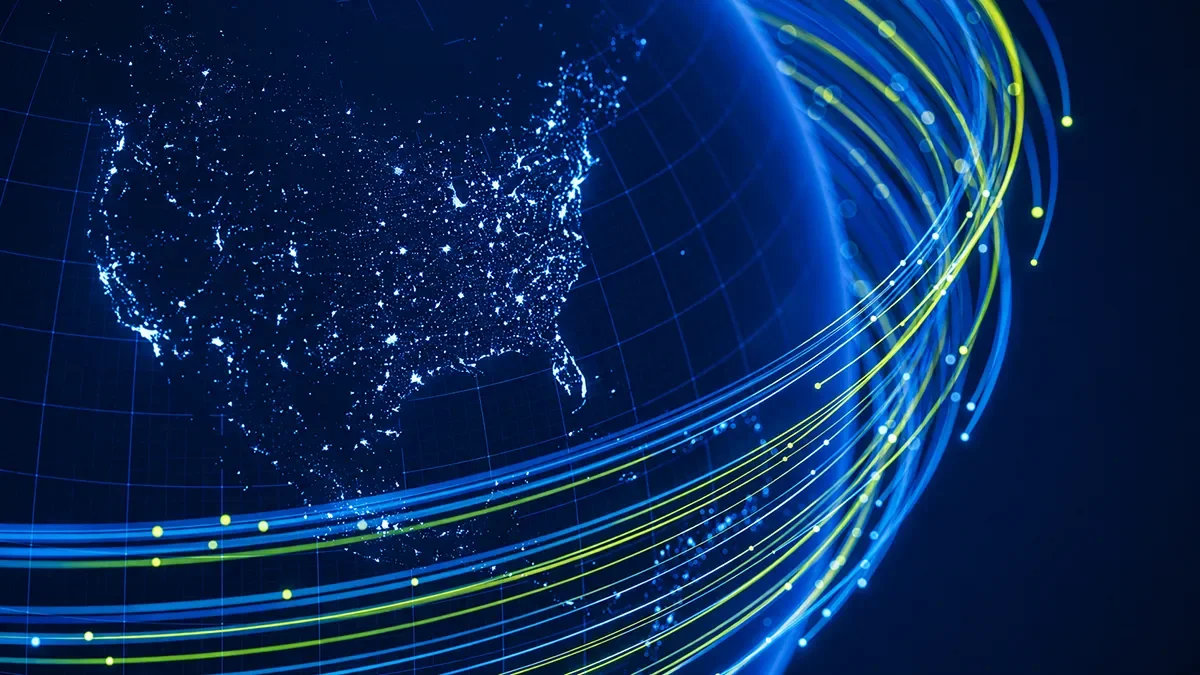 Digital map of North America with global network connections, representing CALICO's language learning research and educational technology community.