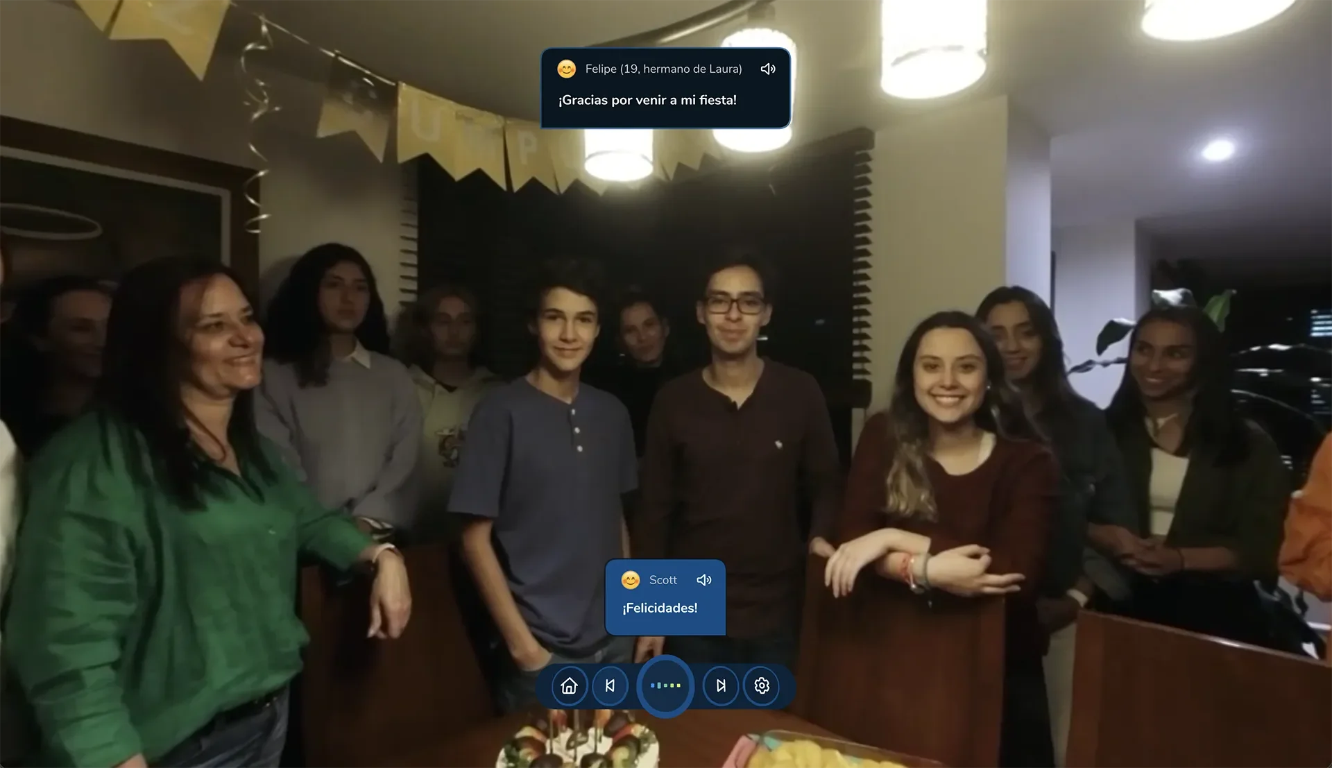ImmerseMe Spanish lesson featuring a birthday celebration with native speakers, helping learners practise real conversations in authentic social situations.