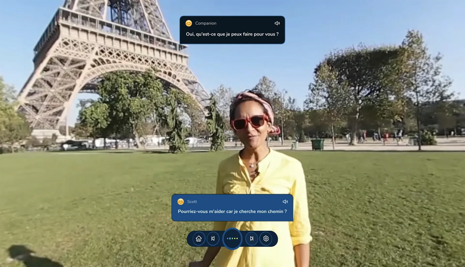 ImmerseMe French lesson near the Eiffel Tower in Paris, where learners practise asking for directions in authentic travel conversations.