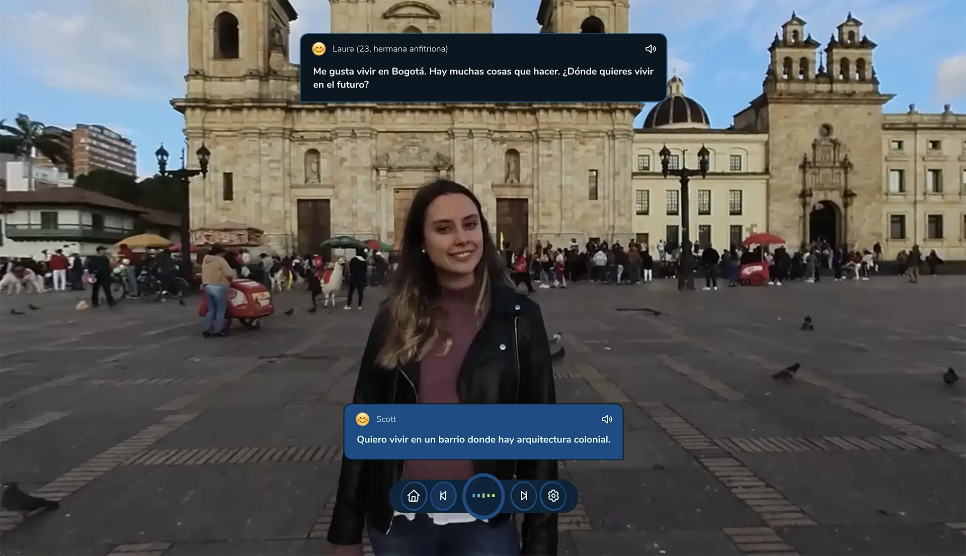 ImmerseMe Spanish lesson in Bogotá, Colombia featuring a real conversation in Plaza de Bolívar to help learners practise speaking Spanish in authentic situations.