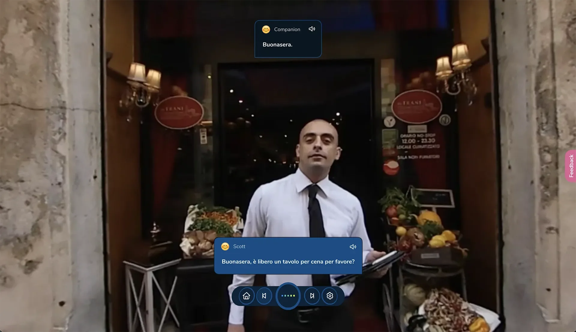 ImmerseMe Italian lesson outside a restaurant in Rome where the learner practises greeting the host and asking for a table in Italian during a real-world conversation.