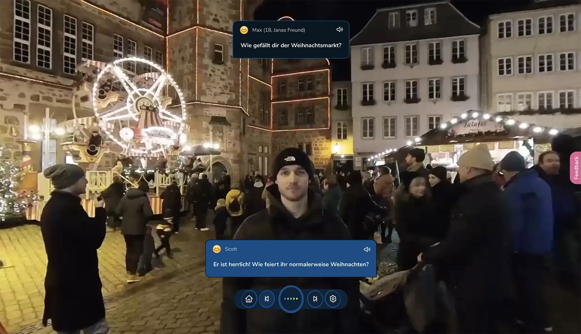ImmerseMe German lesson at the Christmas market in Marburg, Germany, where the learner chats with a host brother and practises authentic seasonal German conversation.