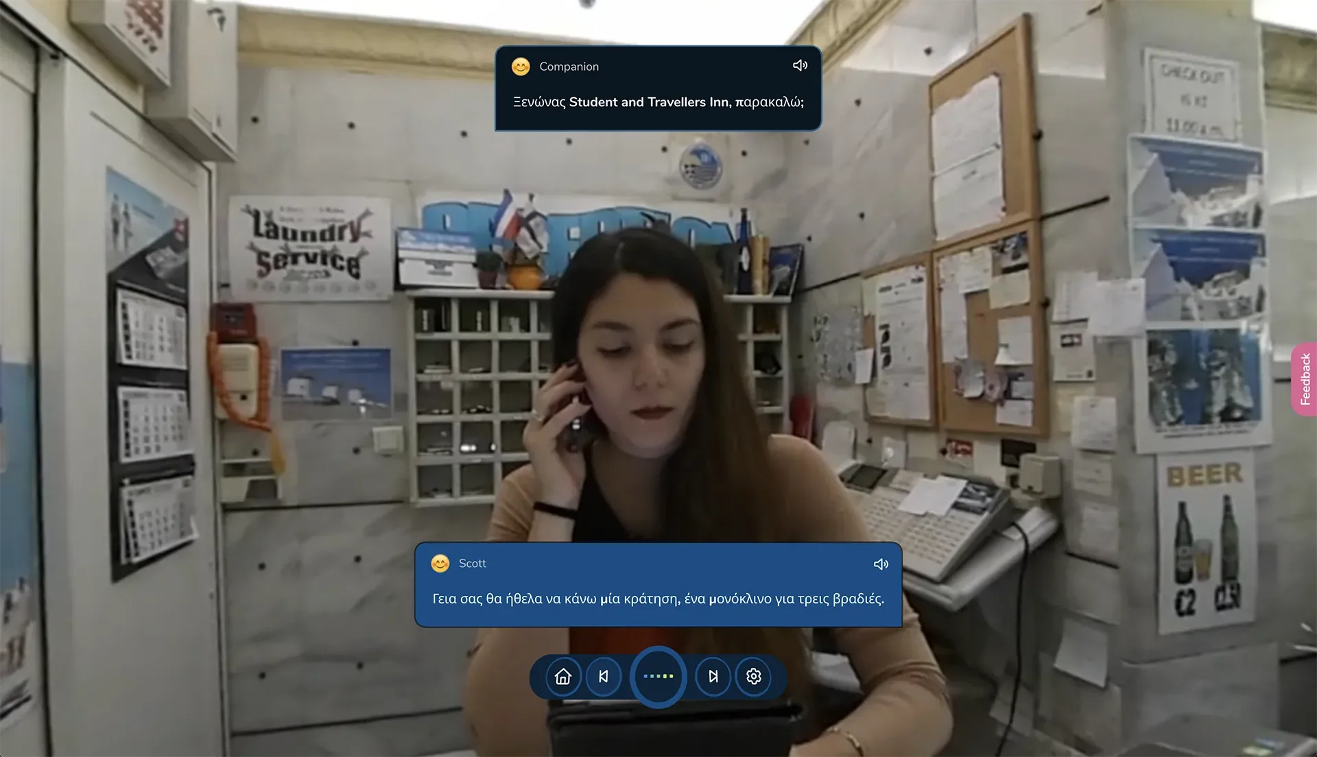 ImmerseMe Greek lesson at a hostel reception in Athens where the learner practises booking accommodation in Greek through a realistic travel conversation.