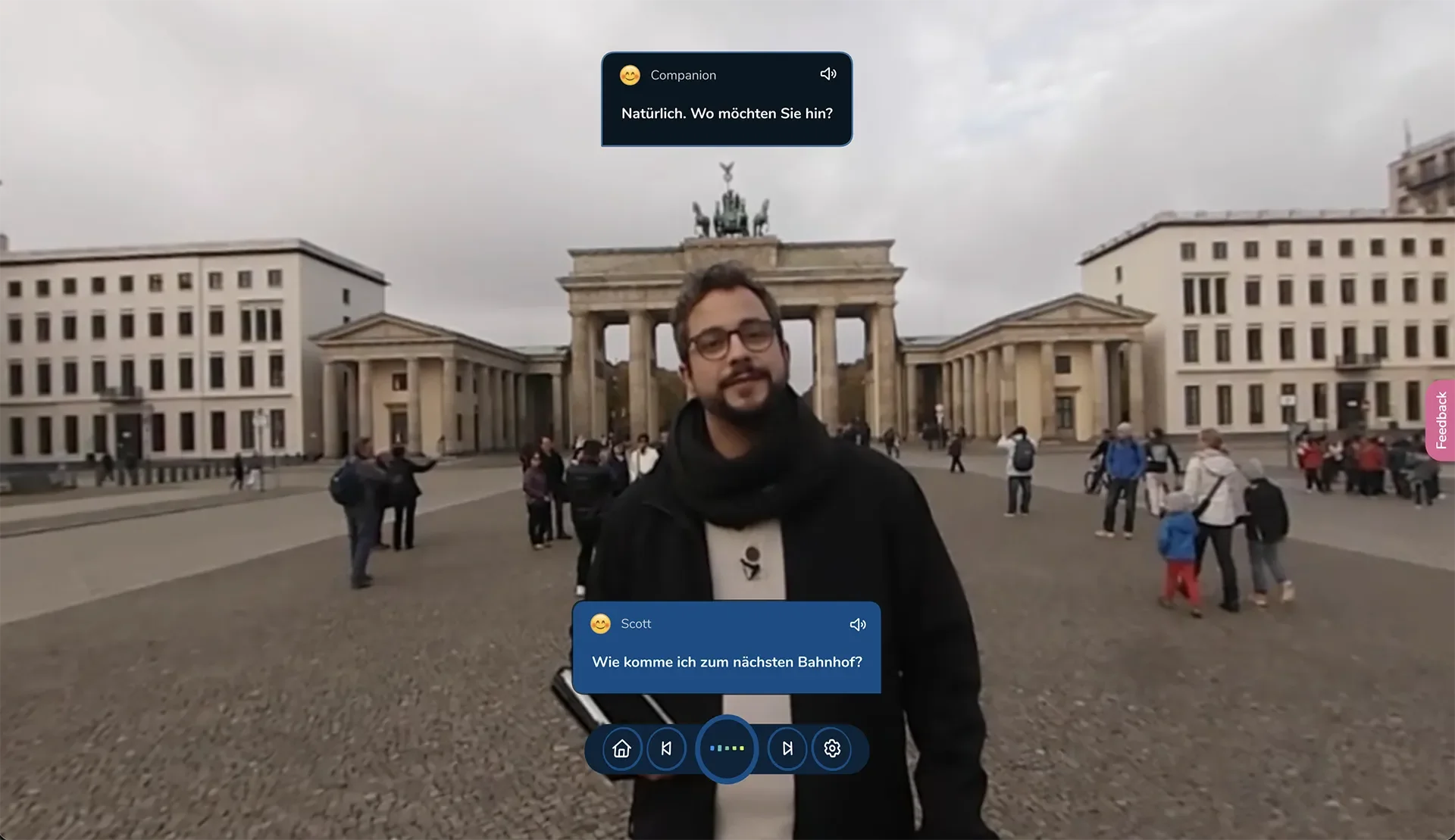 ImmerseMe German lesson at Berlin's Brandenburg Gate where the learner asks for directions and practises real-world navigation conversations in German.
