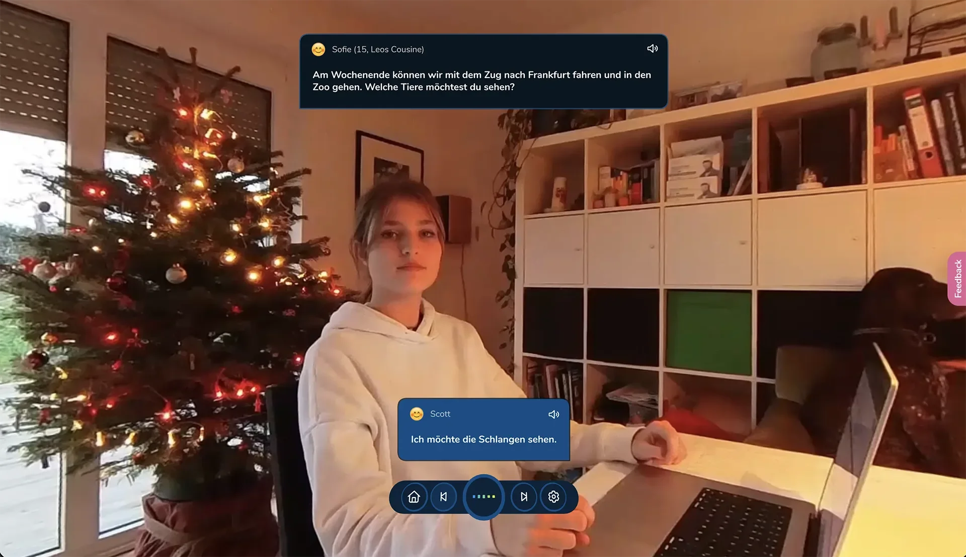 ImmerseMe German lesson with a host sister in a family home in Marburg, Germany, where the learner practises everyday conversation about weekend plans and animals.