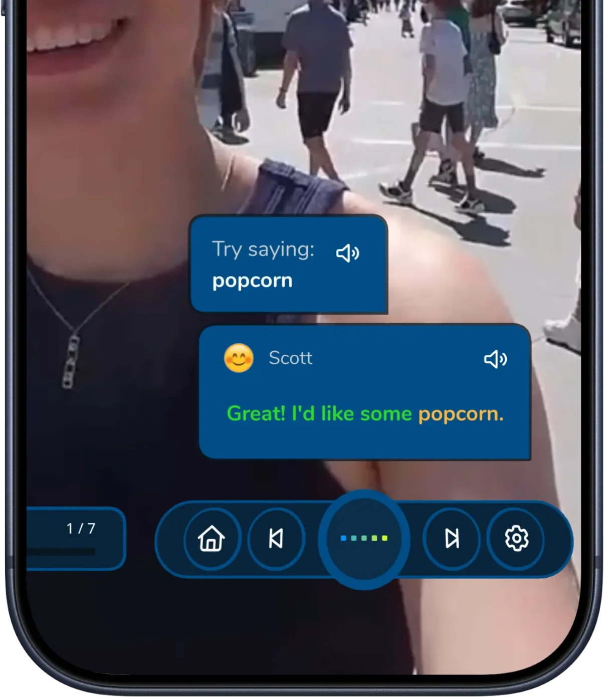 ImmerseMe giving instant diagnostic feedback on a learner’s spoken language response.