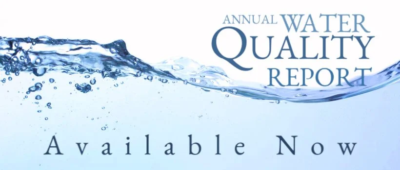 Cover of the annual water quality report featuring water splash imagery and text stating the report is available now.