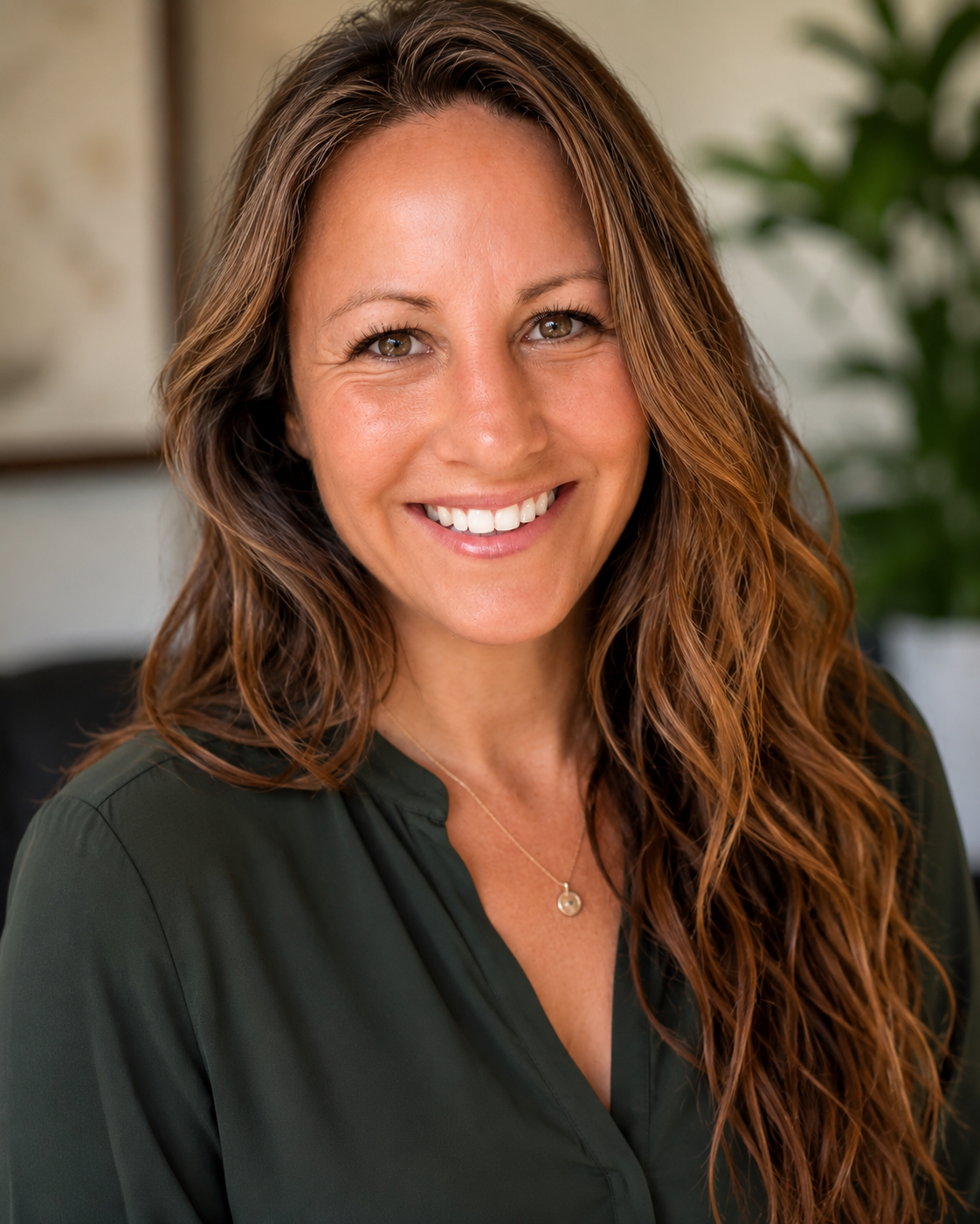 A woman with long, wavy brown hair and brown eyes smiling at the camera, wearing a dark green blouse and a gold necklace, with a blurred indoor background and green plant in the background.