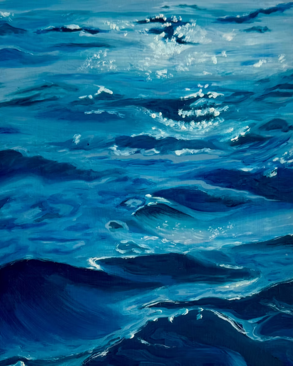 Painting of ocean waves in shades of blue and white, showing the movement of water.