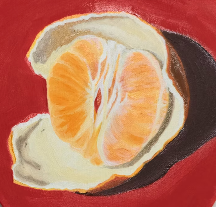 A watercolor painting of an orange peeled and placed on a red background.