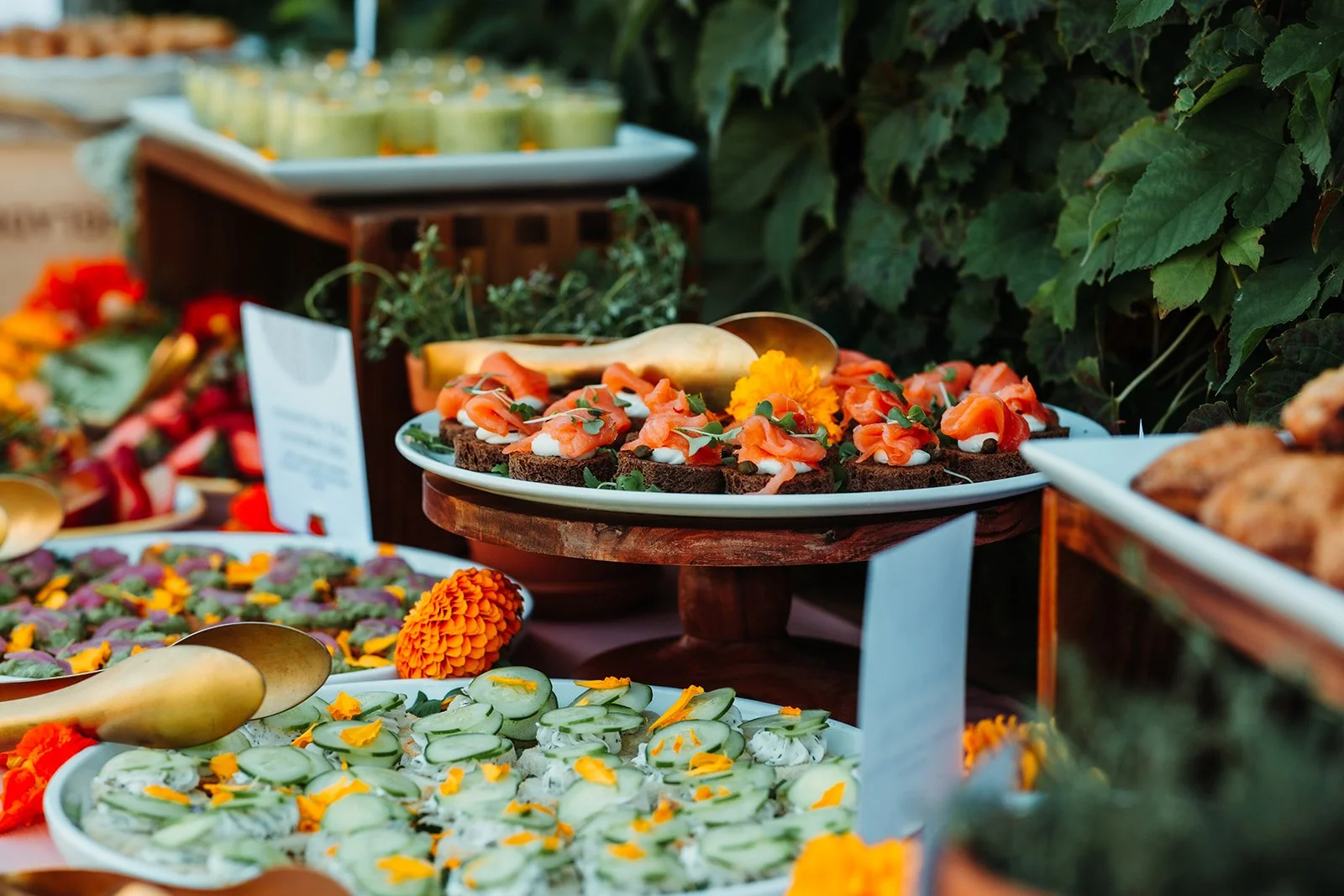 Assorted appetizers at a buffet including smoked salmon on dark bread with cream and herbs, cucumber sandwiches with cream and yellow flower decoration, and other finger foods, set outdoors with greenery in the background.
