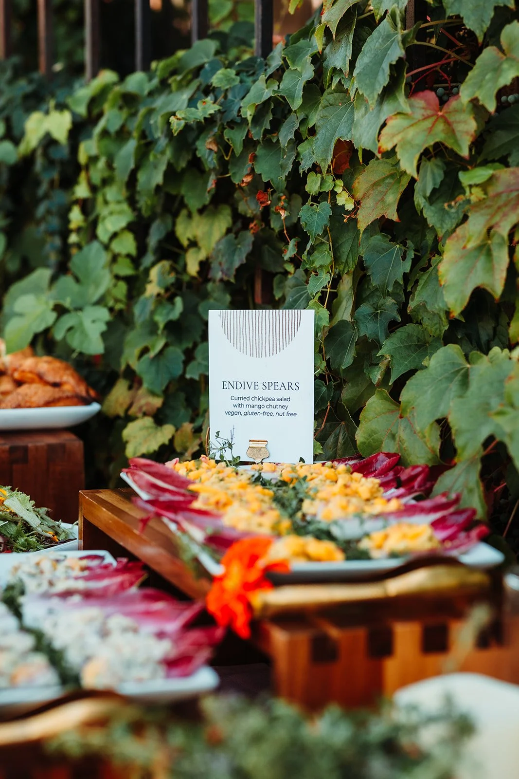 A tray of endive spears topped with a mixture of chopped mango chutney and greens, displayed outdoors with a leafy green background and a sign that reads "Endive Spears" describing a chickpea salad with mango chutney, vegan, gluten-free, nut free.