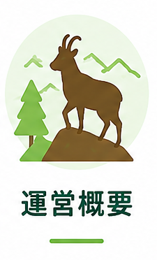 山と木の背景にヤギのイラストと、「運営概要」の文字