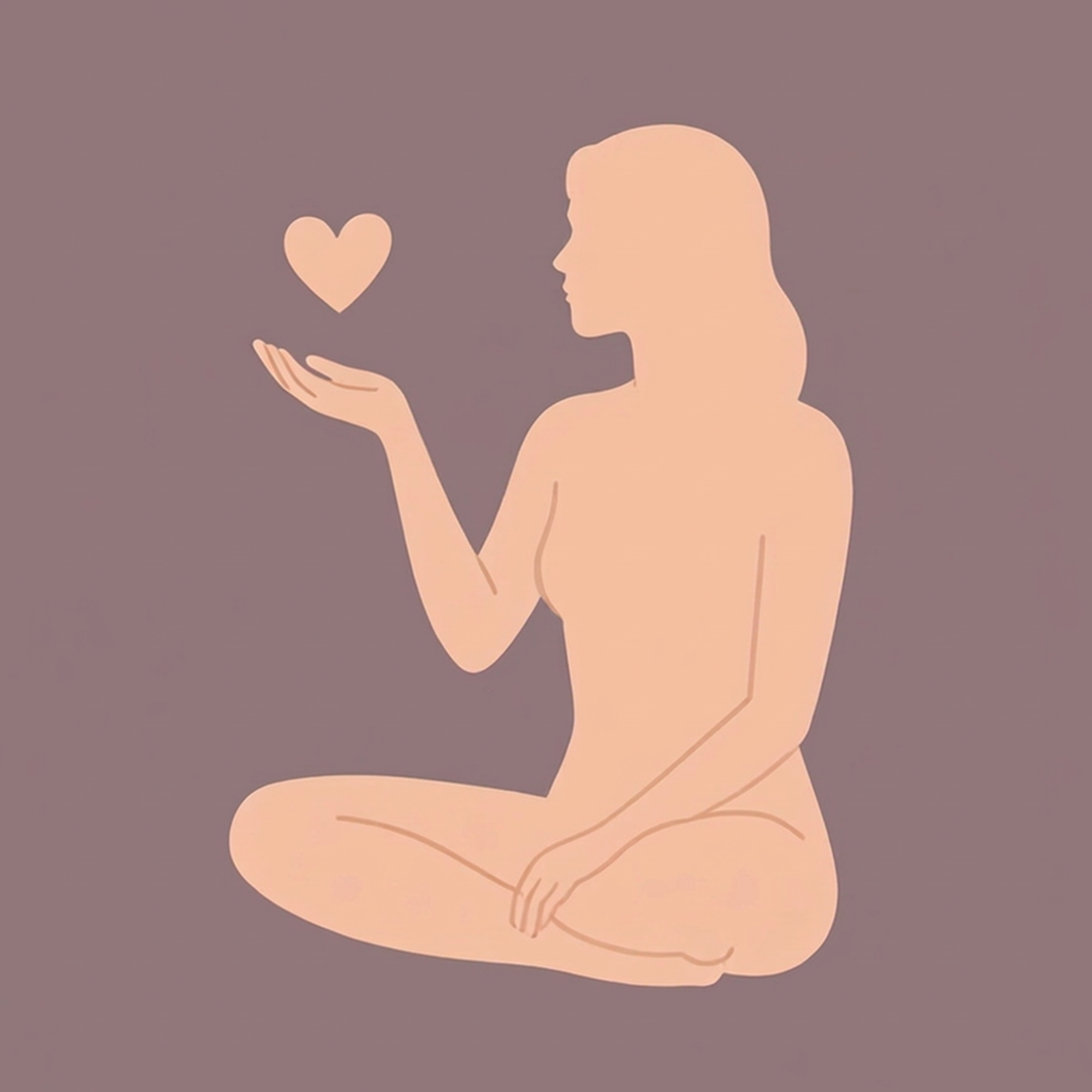 Simplified illustration of a woman holding a heart in her hand, with her head turned to the side, set against a muted purple background.