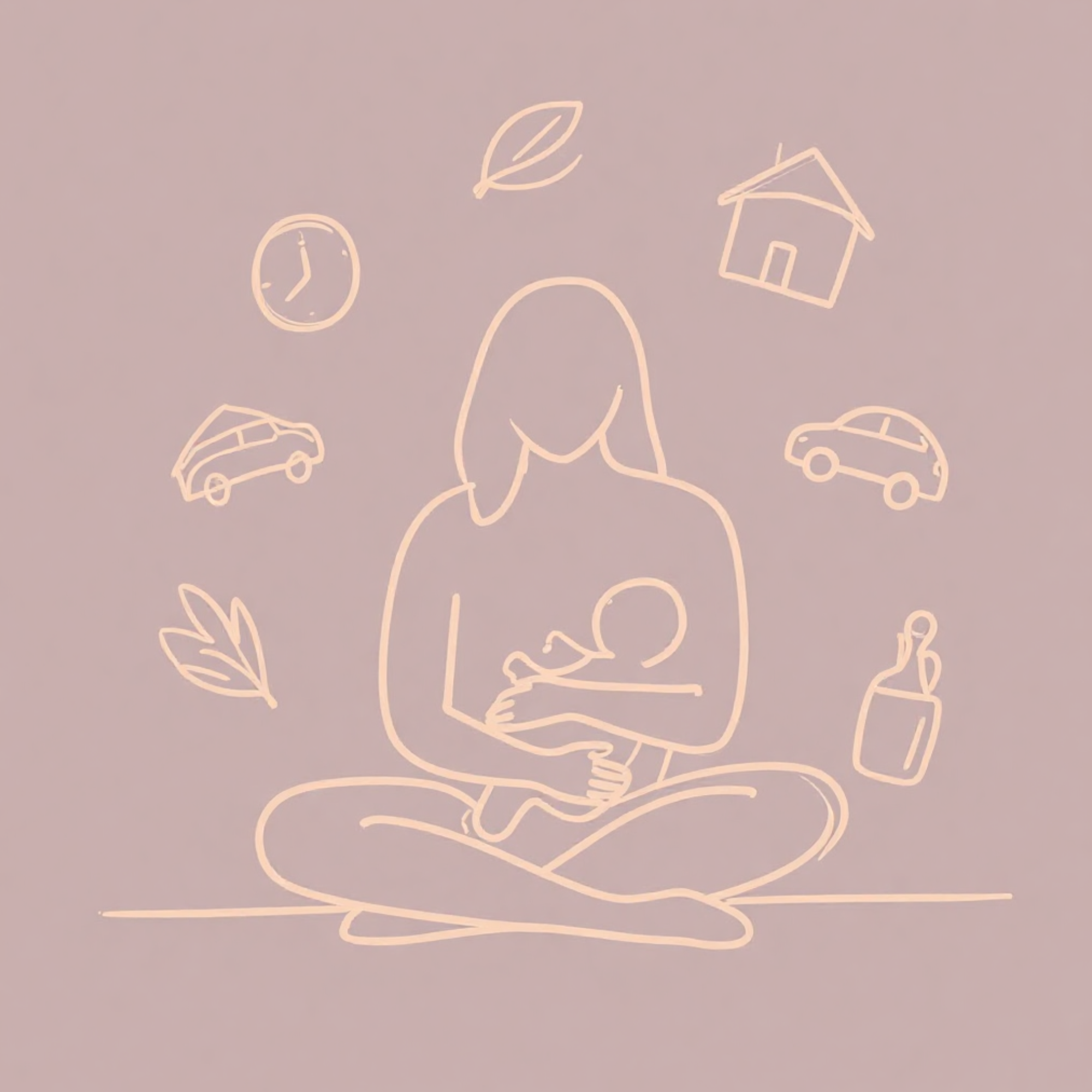 A minimalist line drawing on a pastel background features a woman, a clock, a house, a park bench, cars, and leaves, suggestive of daily life and environment.