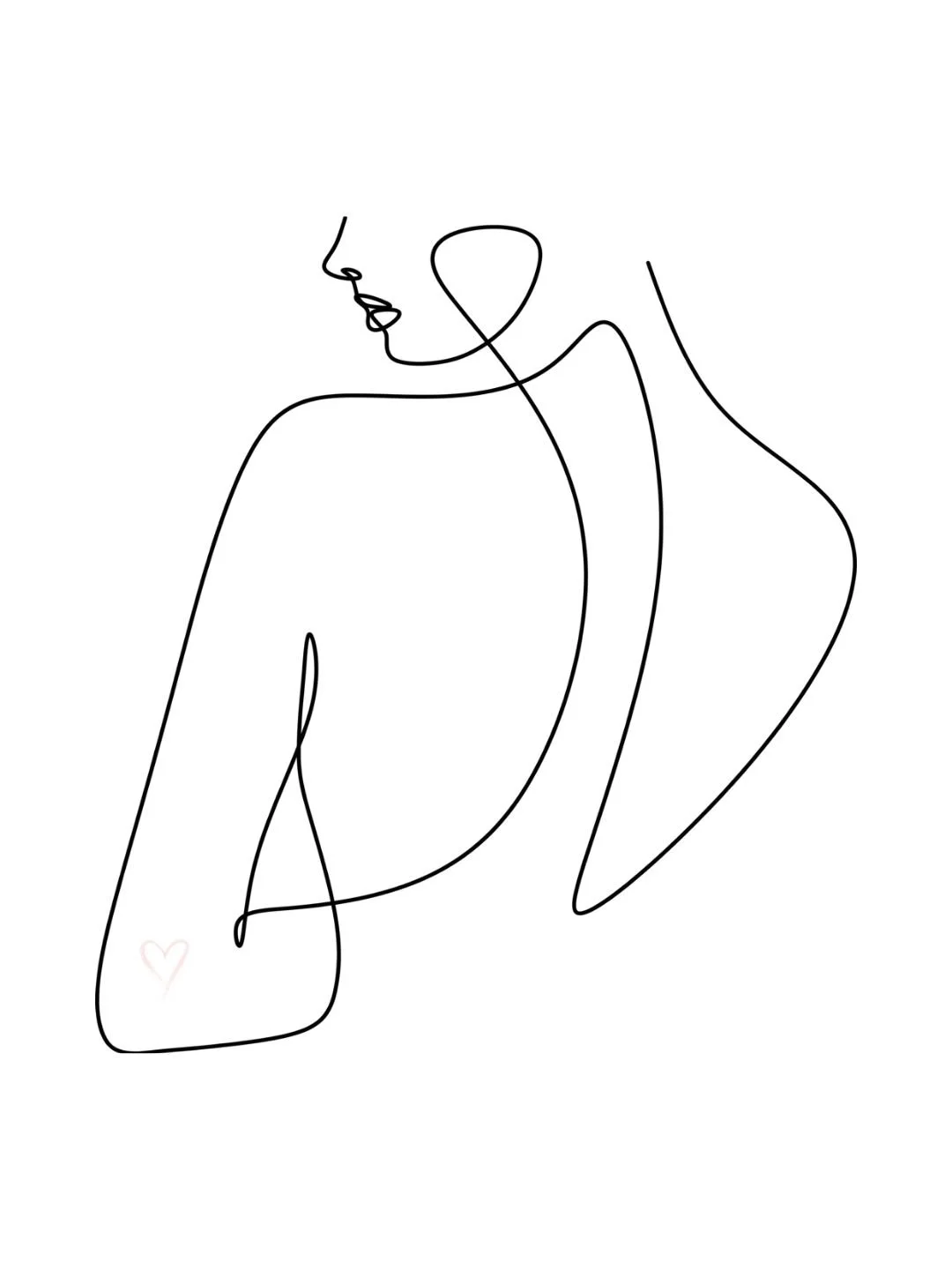 Minimalist line drawing of a woman with her head turned sideways, touching her shoulder, with a small heart near her elbow.