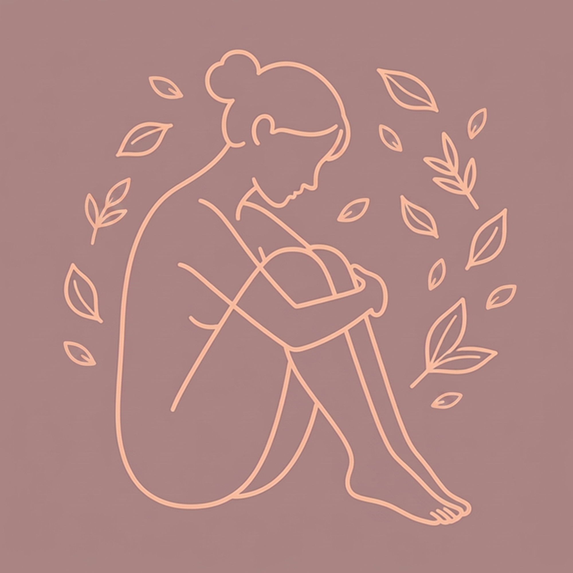 Neon line art silhouette of a girl sitting with her knees drawn up, surrounded by leaves, on a mauve background.