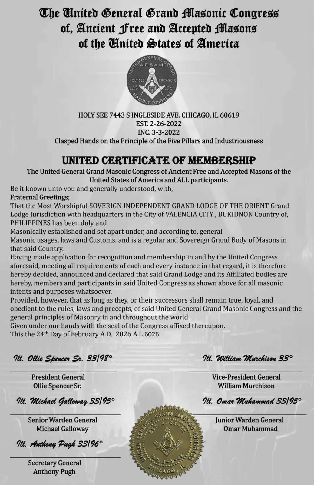 Sovereign Independent Grand Lodge of the Orient - Philippines (FEDERATION) as Official Member of The United General Grand Masonic Congress of, Ancient Free and Accepted Masons of the United States of America