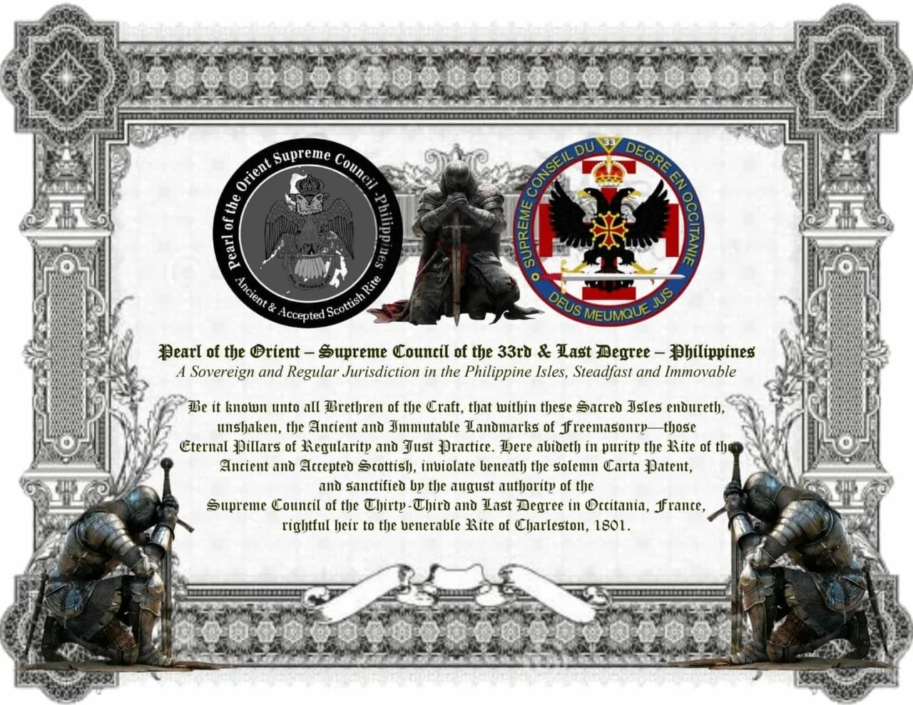 A Historical Carta Patente for Pearl of the Orient – Supreme Council of the 33rd & Last Degree – Philippines(Pearl of the Orient Charleston Rite 1801 & Last Degree) as heir from august authority of Supreme Conseil Du 33 Degre En Occitanie - France