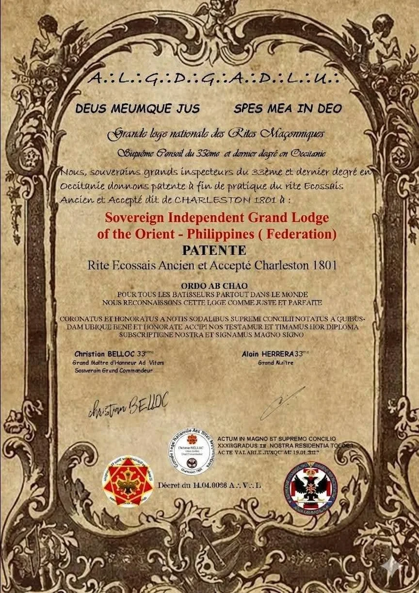 A historical Carta Patente of the Sovereign Independent Grand Lodge of the Orient - Philippines (Federation) as a recognized Masonic lodge, with signatures and official seals from Supreme Conseil Du 33 Degre En Occitanie - France