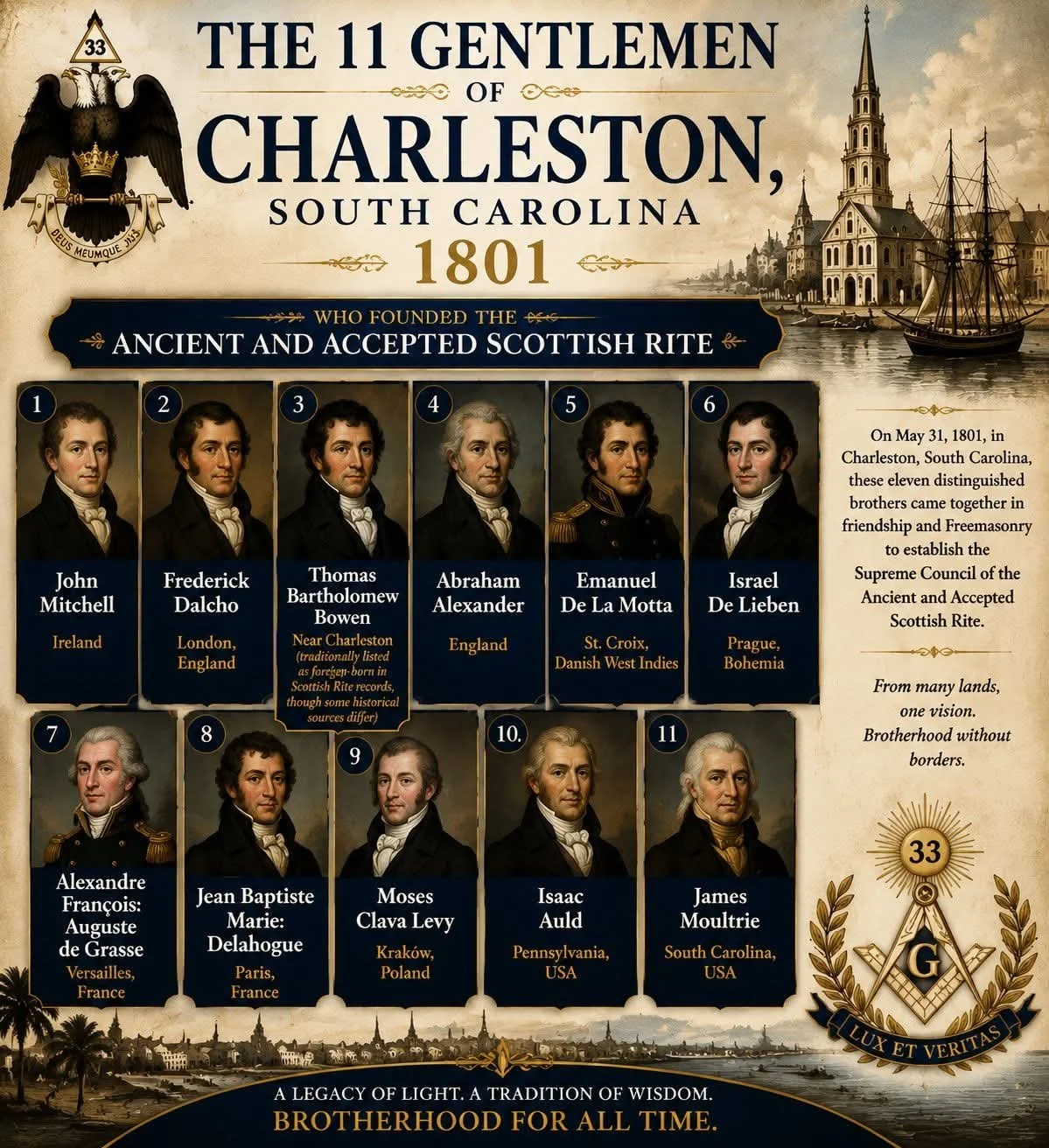 Historical infographic of the 11 gentlemen of Charleston, South Carolina, in 1801, who founded the ancient and accepted Scottish Rite. Features numbered portraits of the eleven men with names and origins, a map of Charleston, a crest, and historical details about the founding.