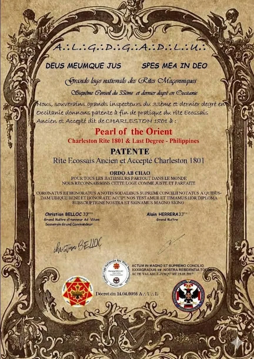 Historical Carta Patente of the Pearl of the Orient, Charleston Rite 1801, and Philippines, with signatures of Christian Belloc and Alain Herrera from Supreme Conseil Du 33 Degre En Occitanie - France