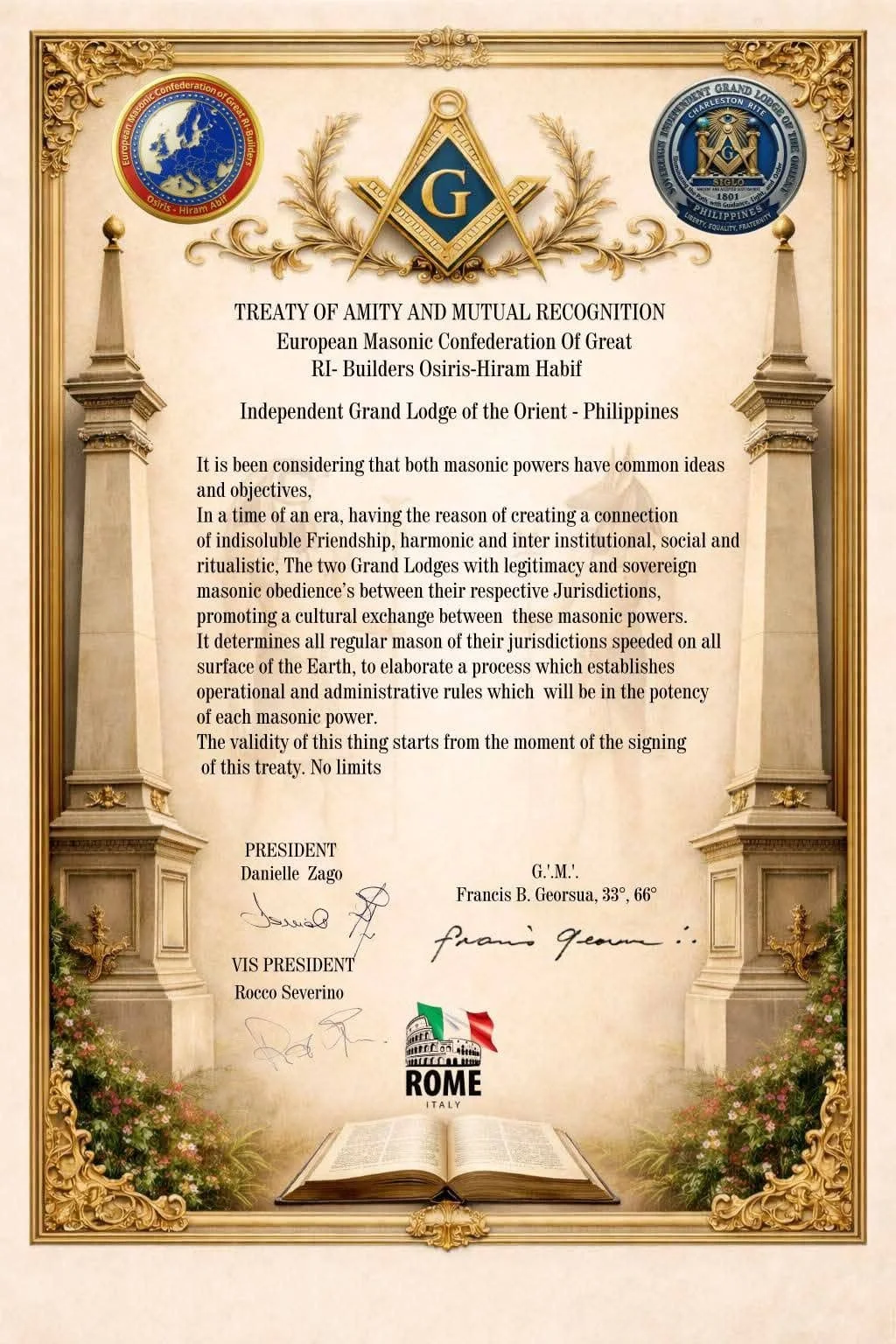 Sovereign Independent Grand Lodge of the Orient - Philippines (FEDERATION) as Official Member of the European Masonic Confederation of Great RI-Builders Osiris-Hiram Habif