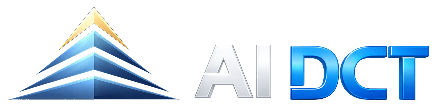 Logo with a pyramid-like structure made of layered, shiny, metallic-colored shapes next to the bold text "AIDCT" in gradient blue and white colors.