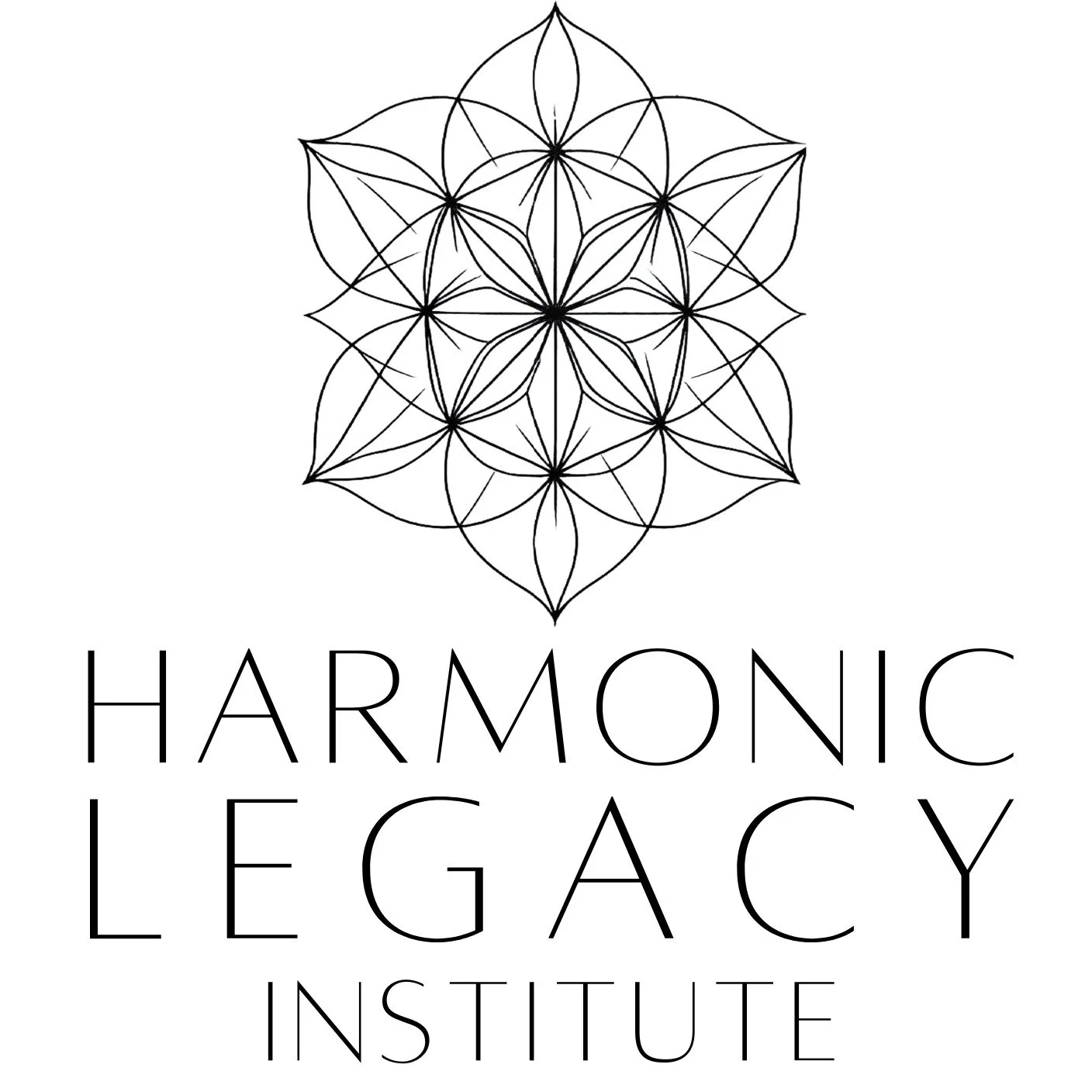 Logo with a geometric flower design and text that reads 'HARMONIC LEGACY INSTITUTE' in a modern font.