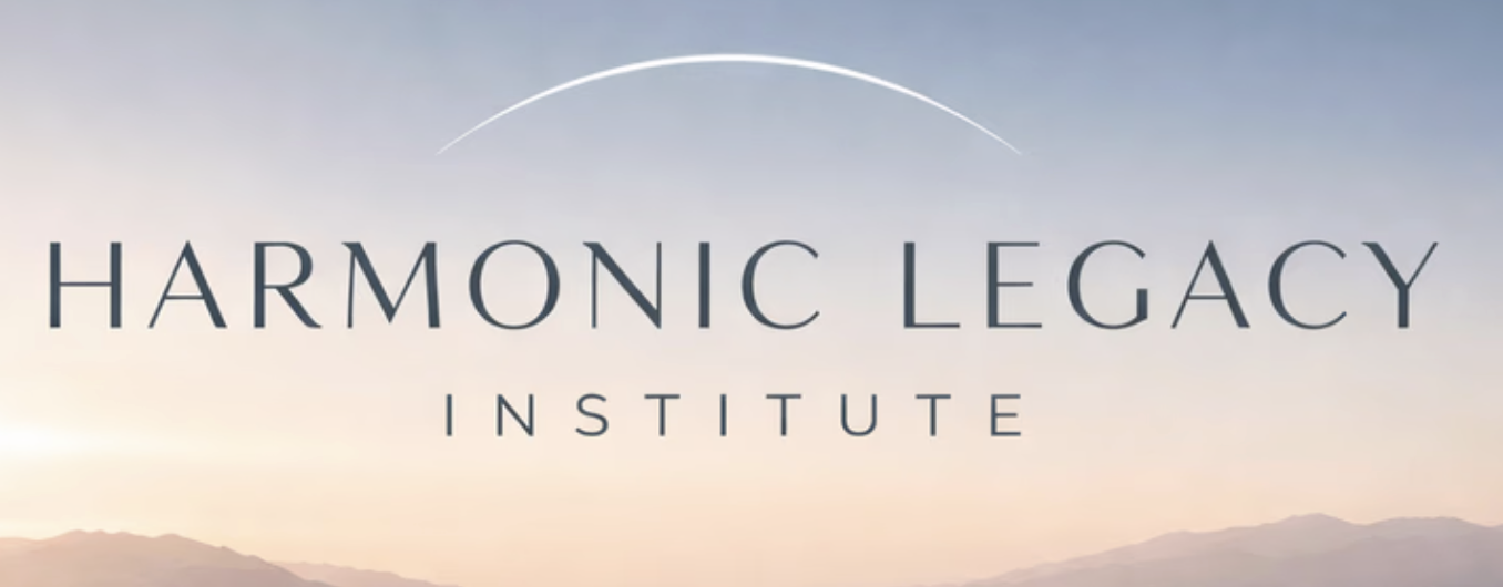 Logo for the Harmonic Legacy Institute with a mountain landscape background and a curved line in the sky.