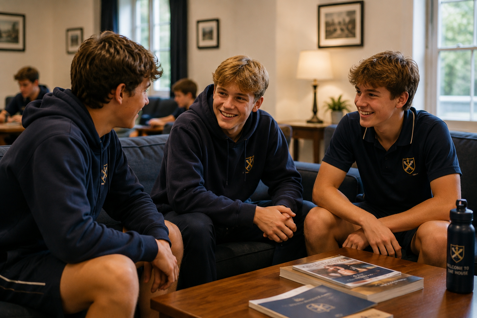Three teenage boys sitting on a couch in a lounge, engaged in conversation and smiling, wearing matching navy hoodies with a crest.