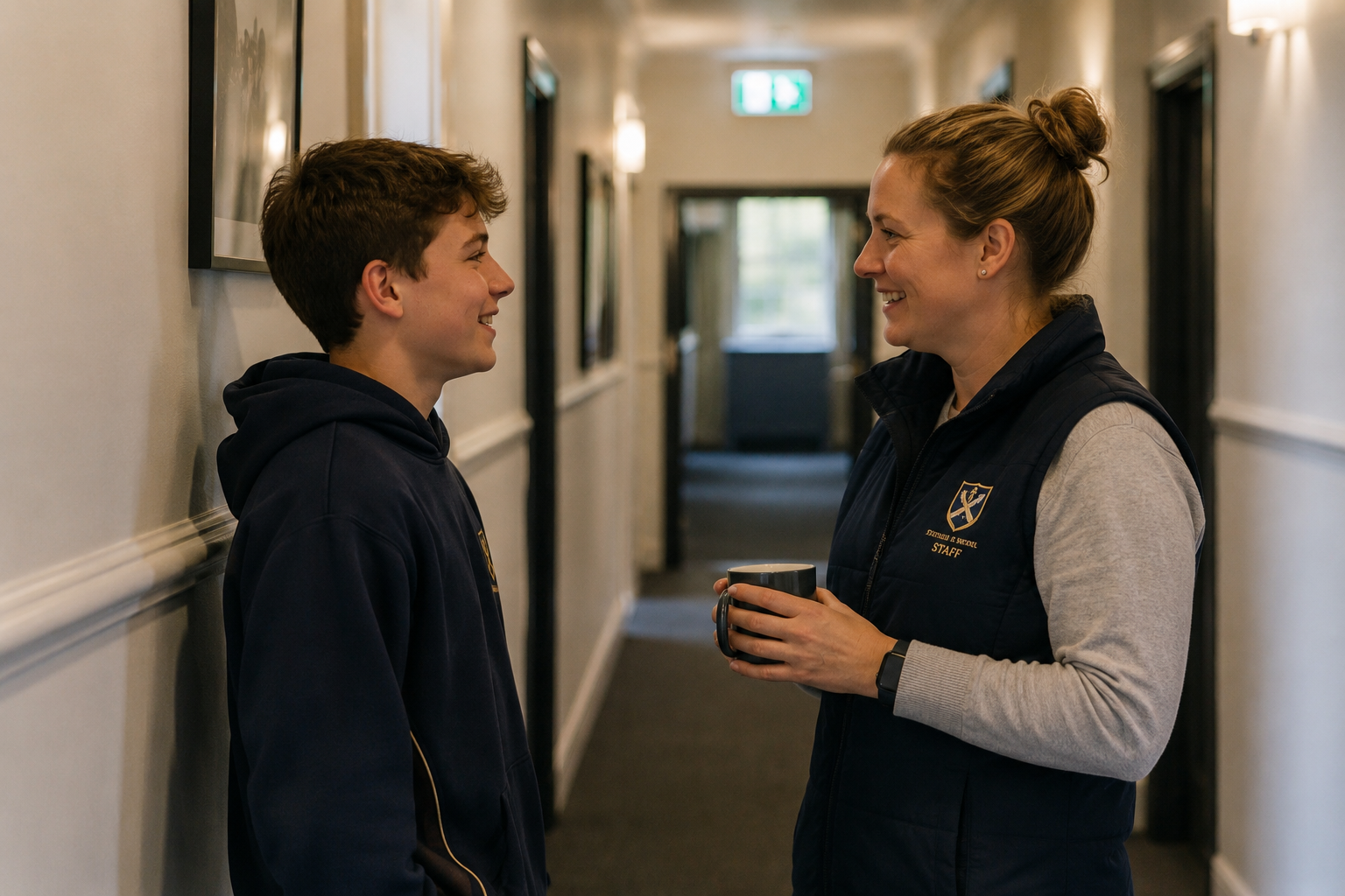 A woman and a teenage boy stand in a hallway, smiling at each other. The woman, wearing a jacket with a staff badge, holds a coffee mug. The boy wears a dark hoodie. They appear to be having a friendly conversation.