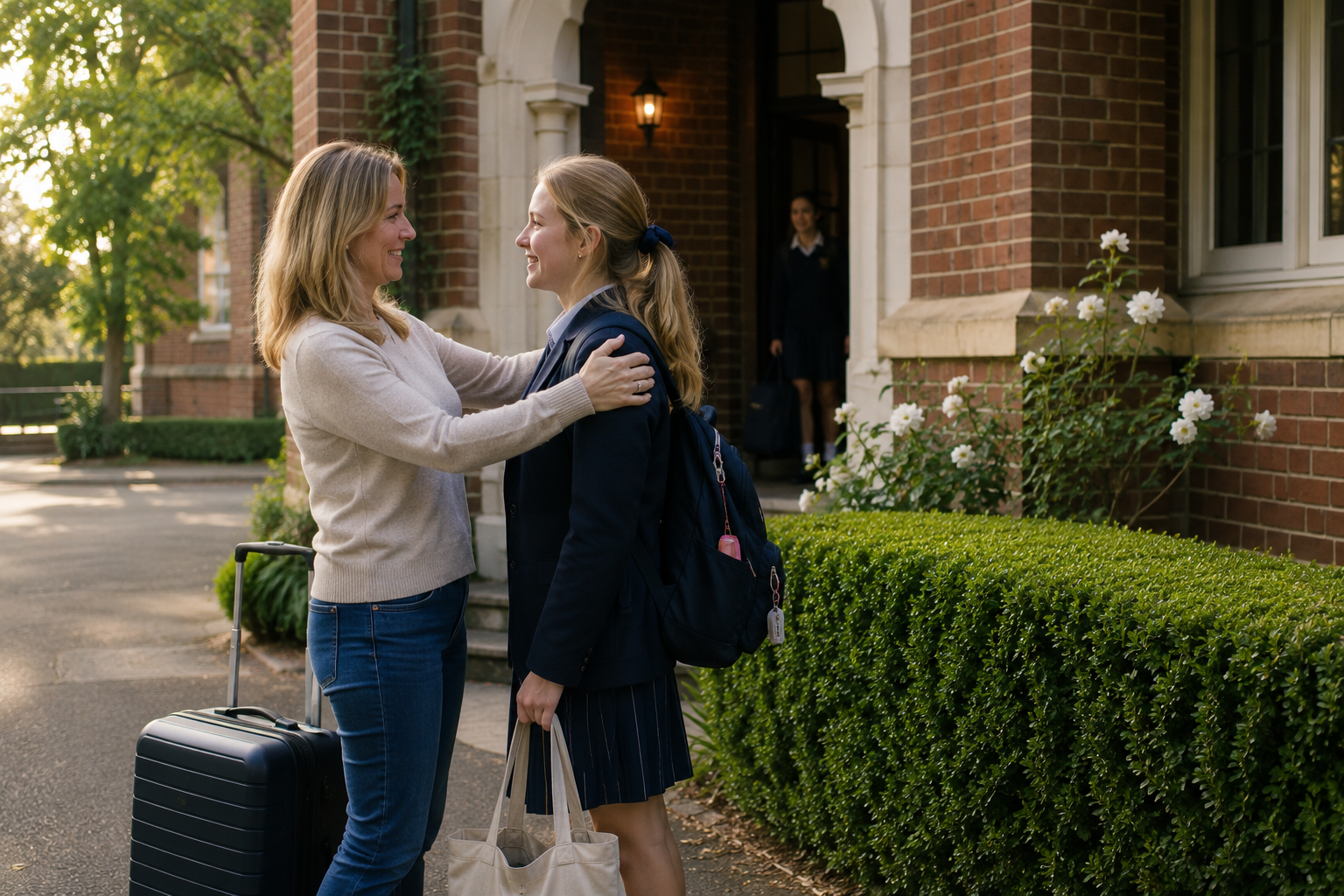 A woman in casual clothing greets a girl in a school uniform outside a brick school building, with a woman in uniform in the background.