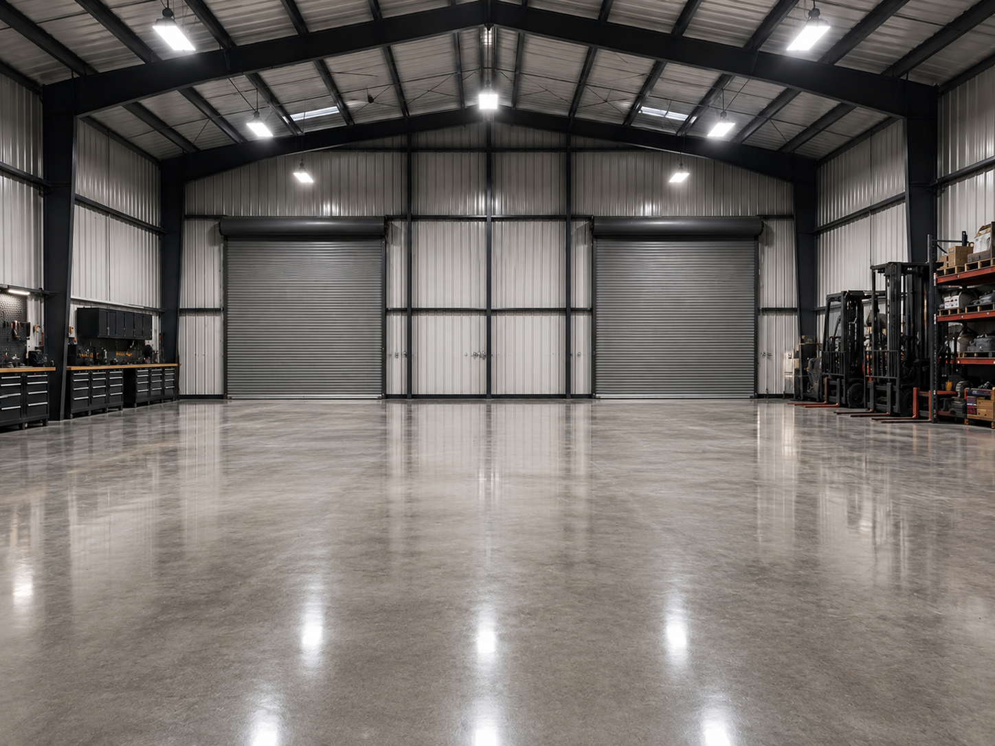 Empty industrial warehouse with polished concrete floor, metal walls, overhead lighting, and several large roll-up doors.