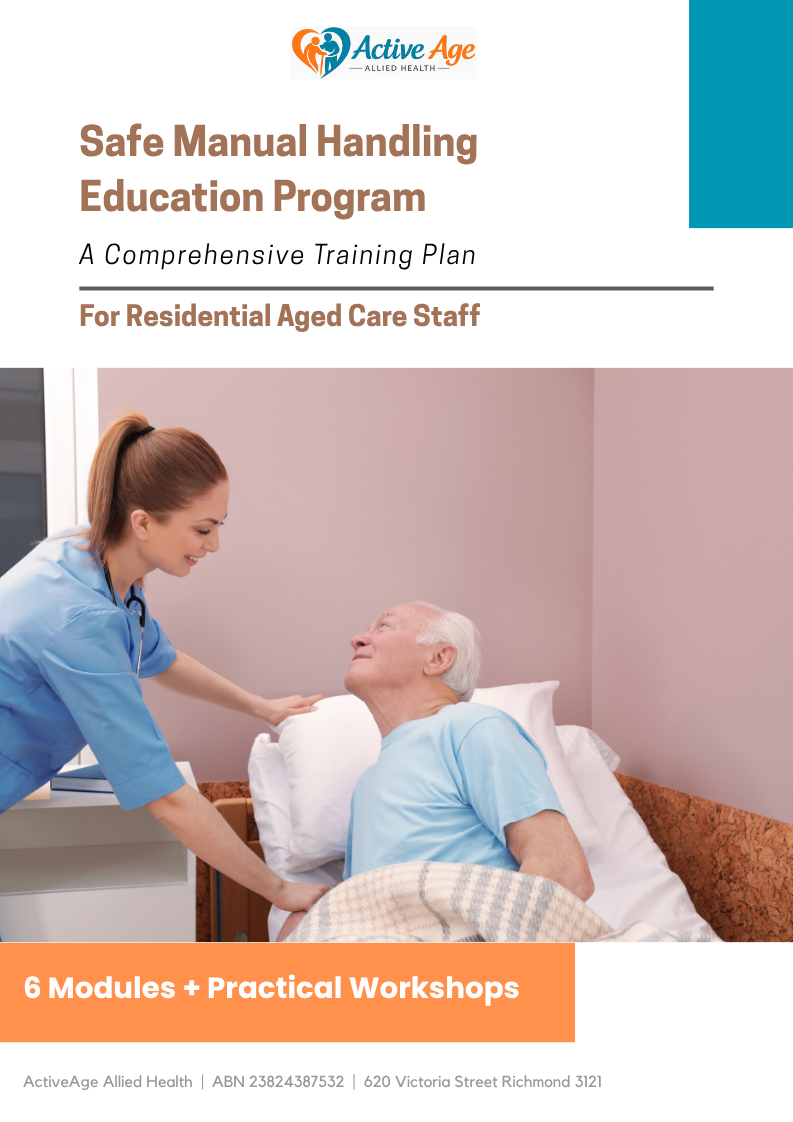 physiotherapist training aged care emplyee in safe manual handling